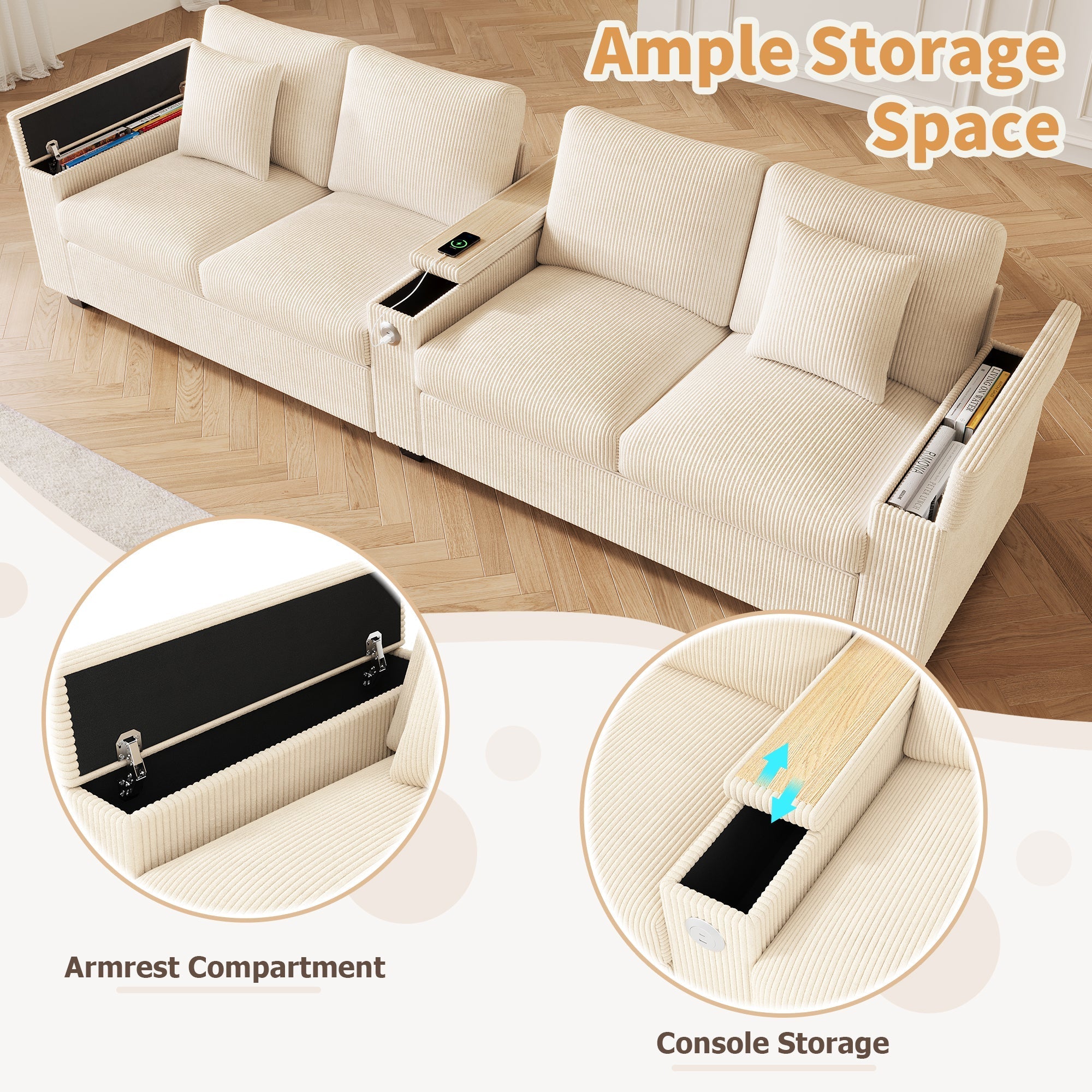 Modern 4-Seater Corduroy Sofa with USB Charging and Storage, Beige
