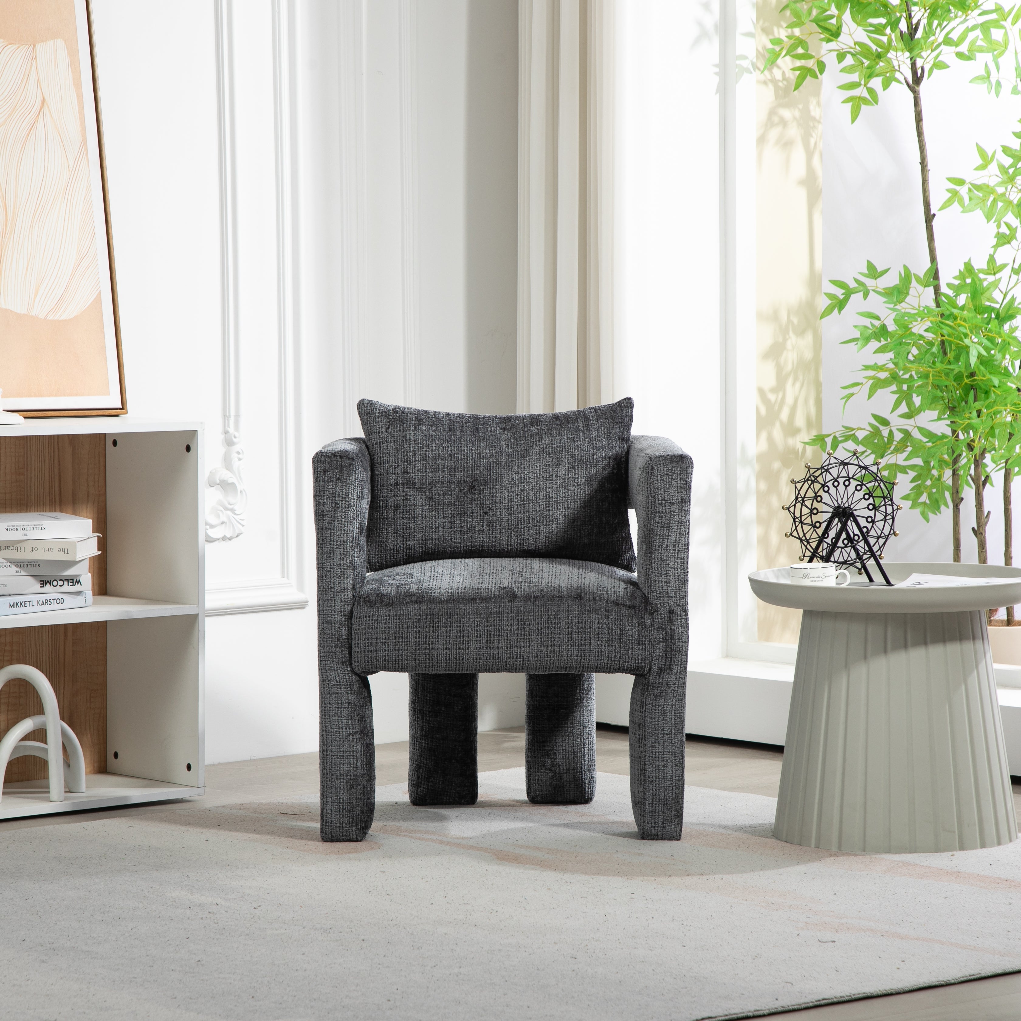 GOMYWAY Modern Chenille Lounge Chair with Hollow Armrest Design and Comfortable Cushions (Dark Gray)
