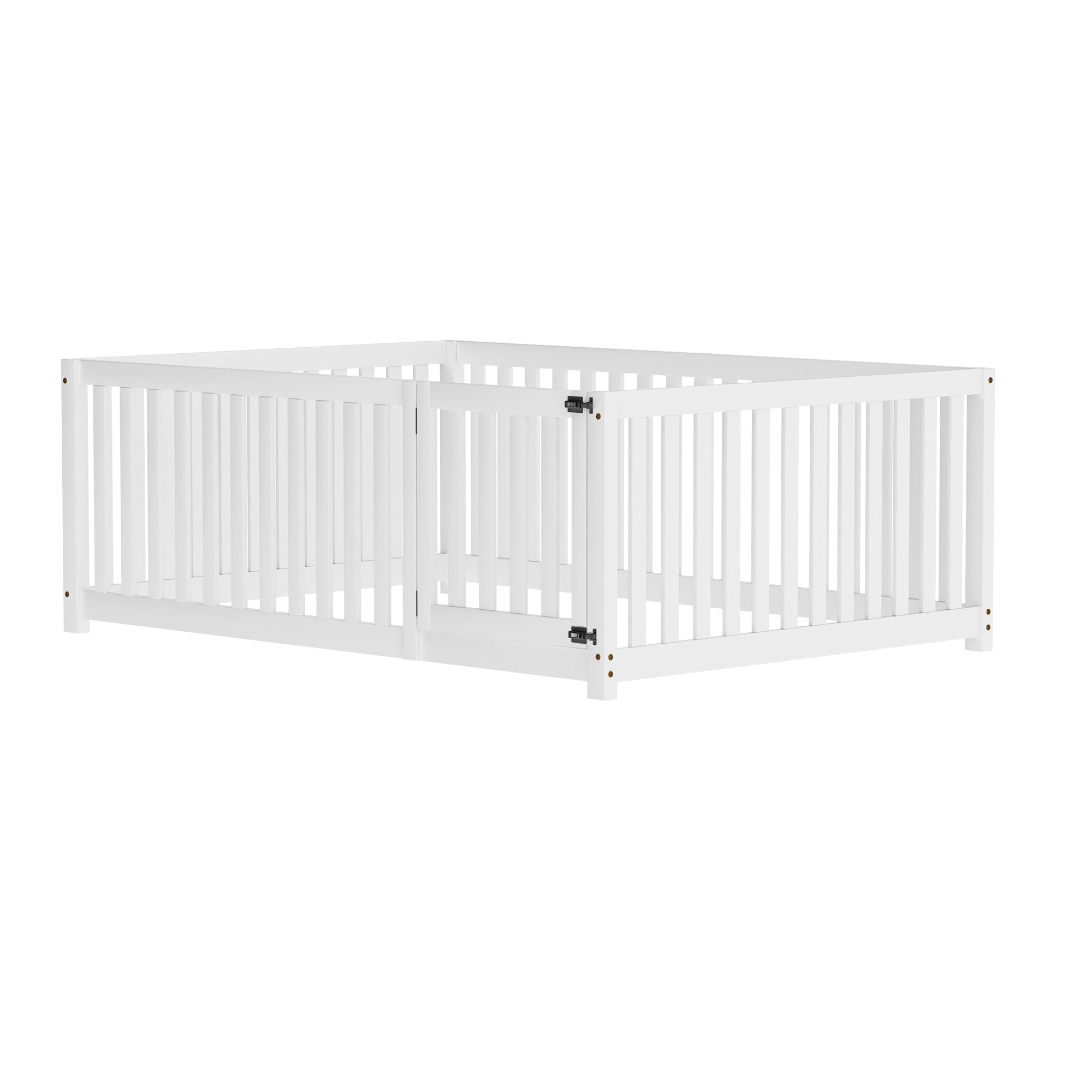 Children's bed 140 x 200, wooden floor bed frame with fence and door, white