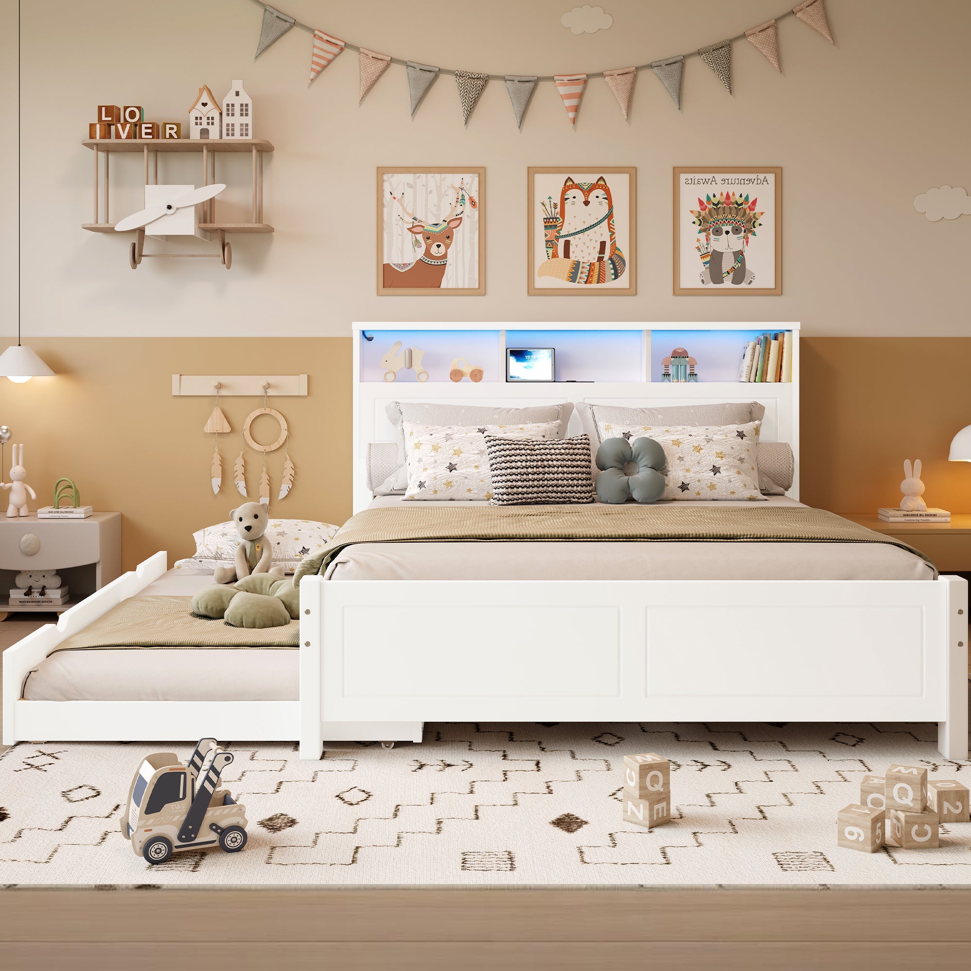 Double Bed with Pull-out LED/USB Storage, Pine+MDF White