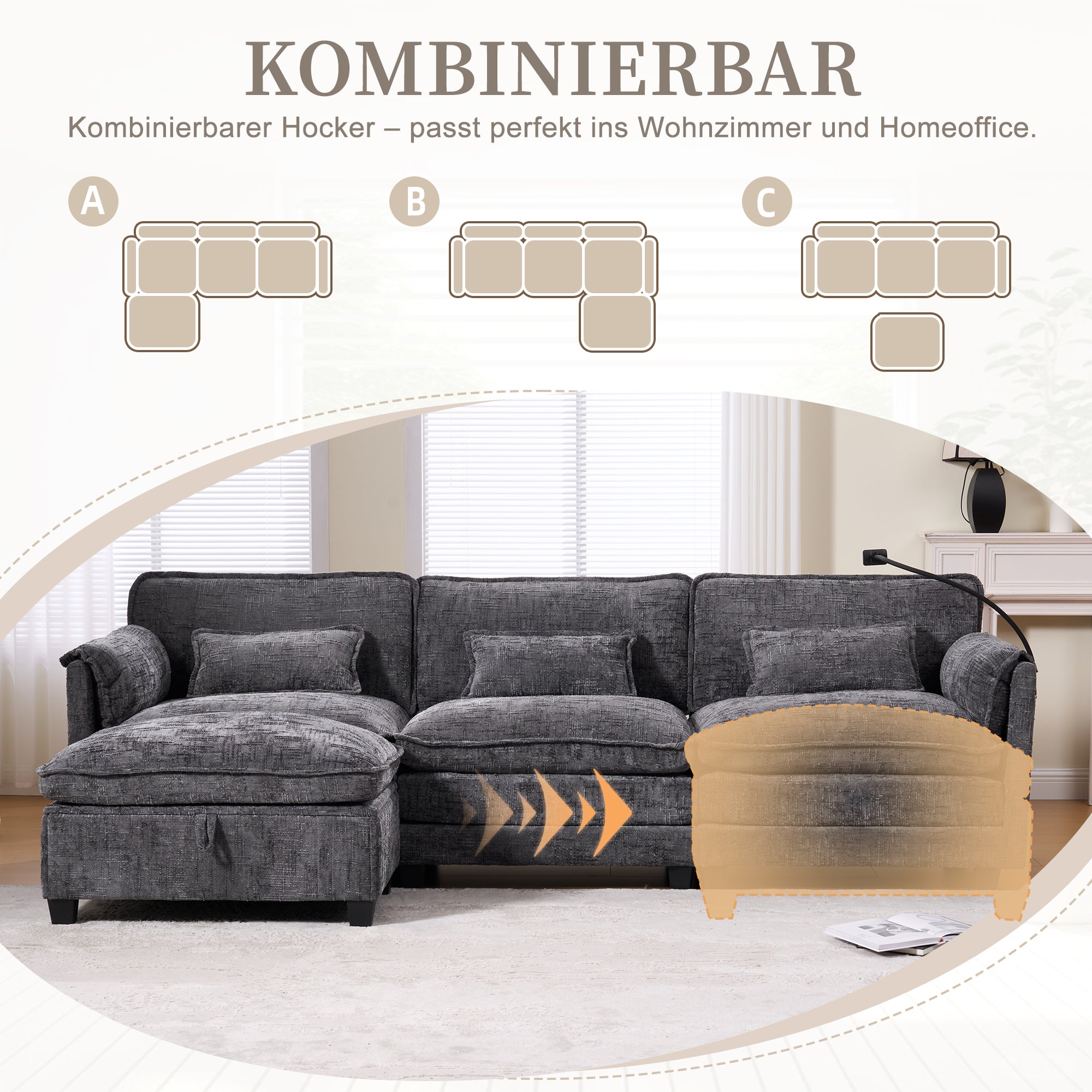 Modern 2-Seater Sofa USB Port Storage Footstool Memory Foam - Chenille Grey
