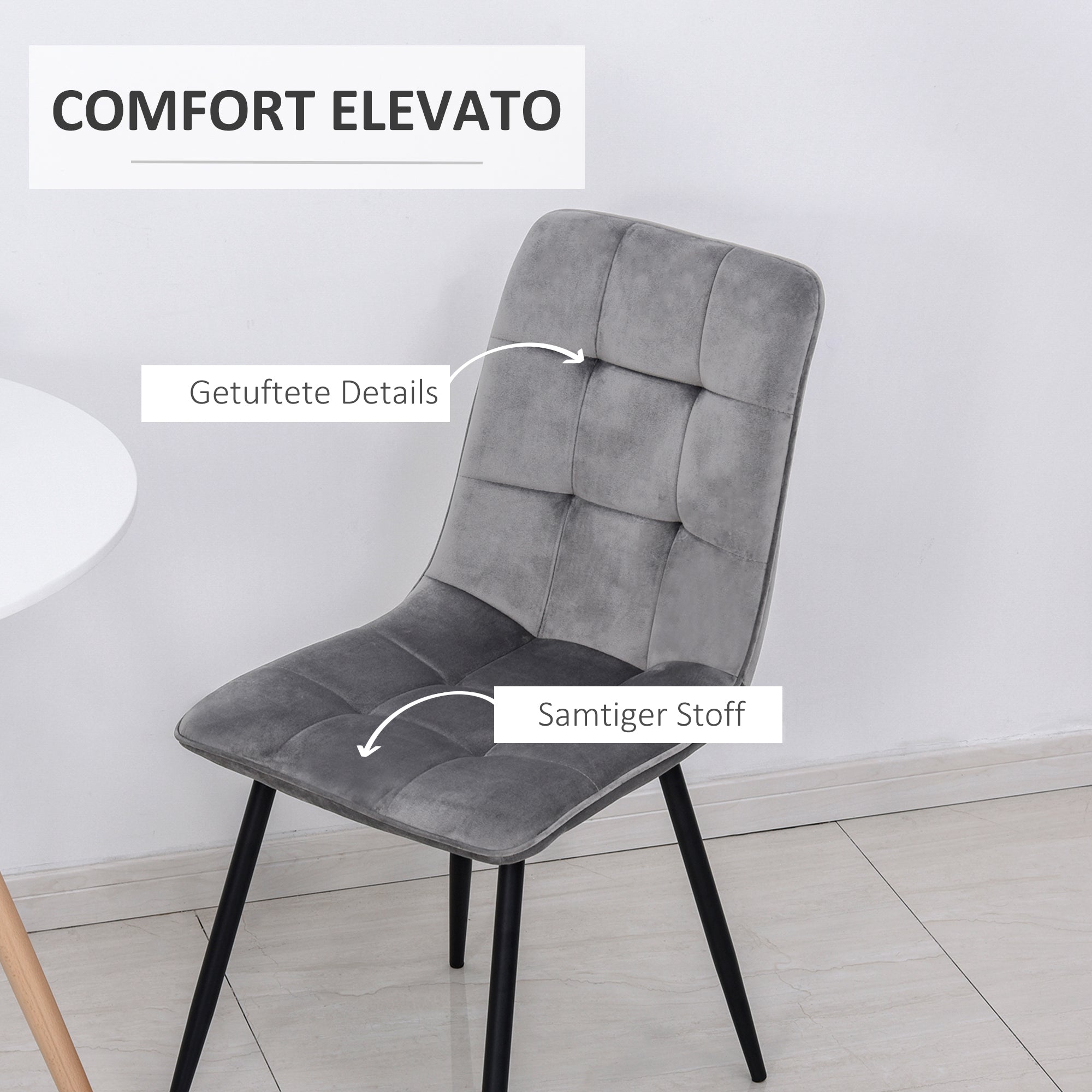 Dining Chairs, Set of 2 Upholstered Kitchen Chairs, Grey Black Metal