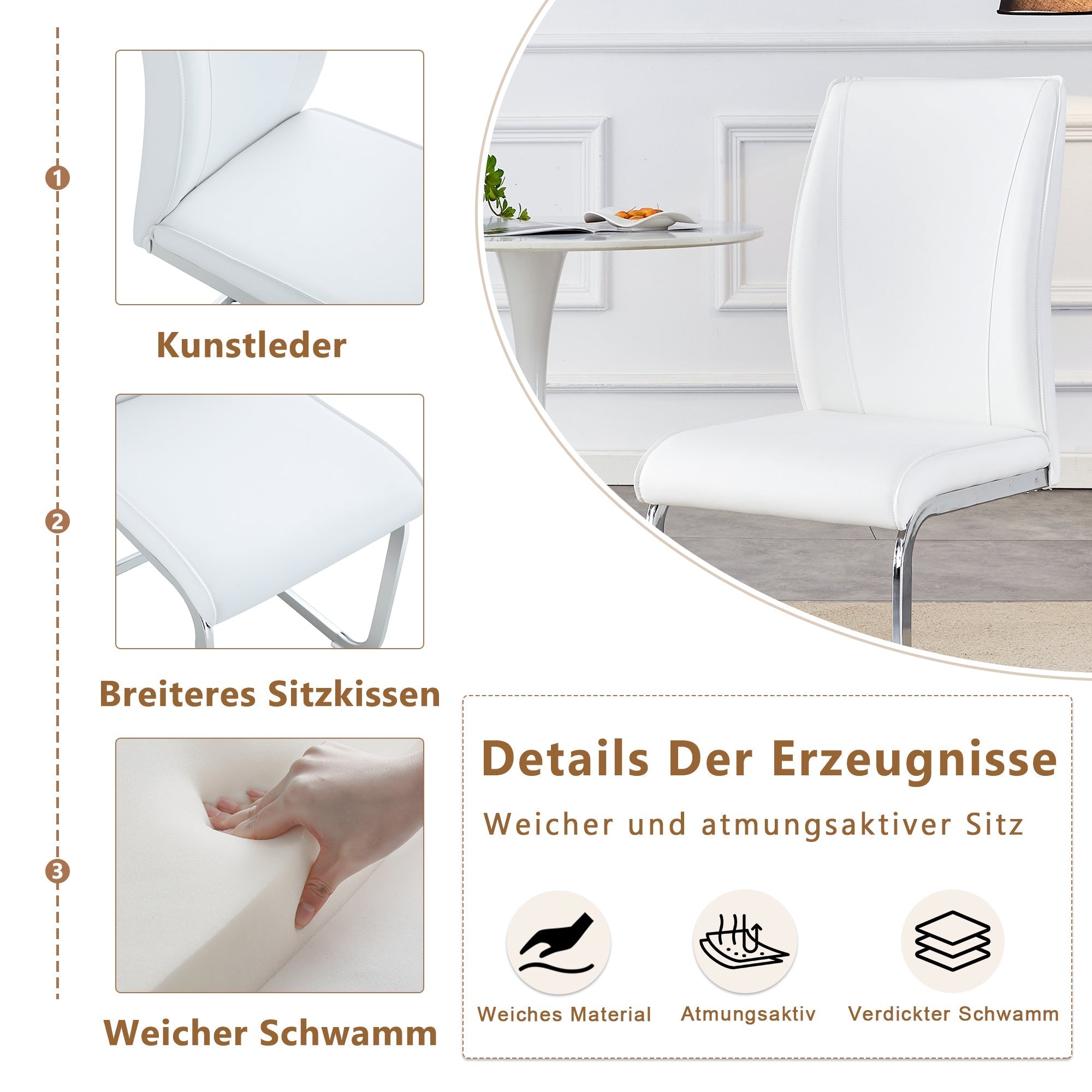 Chairs Set of 2 Elegant Modern PU Comfort Cushion Silver Metal Legs - White