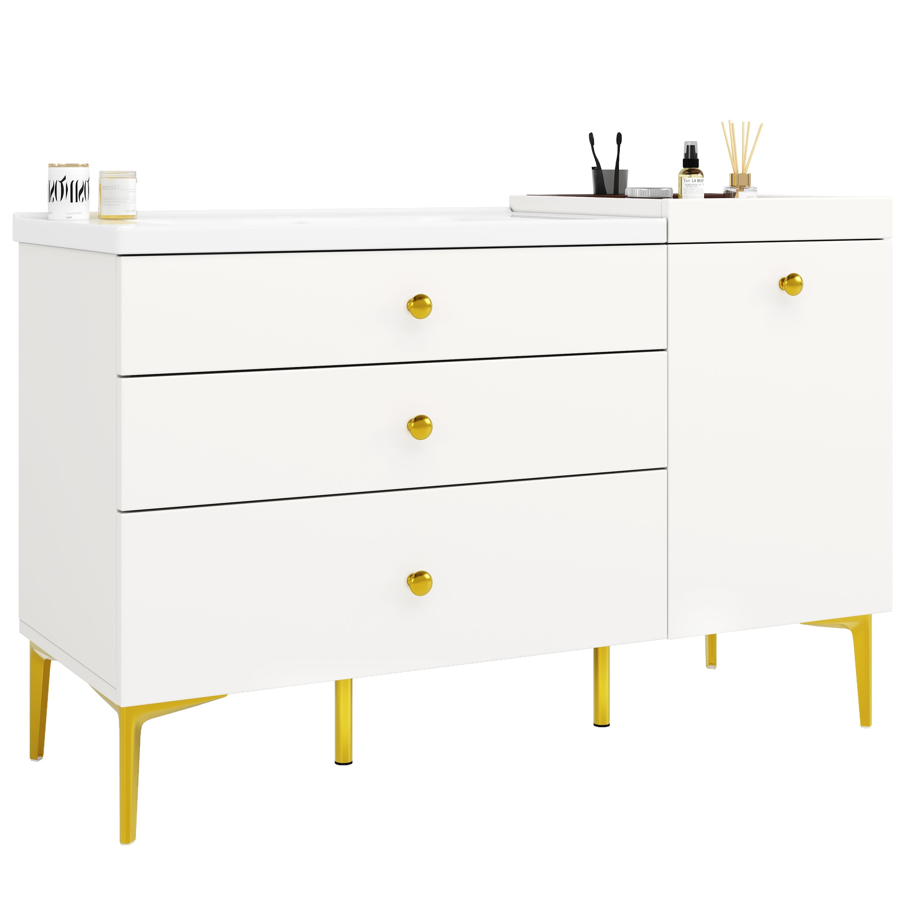 Bathroom Vanity Unit with Ceramic Sink and Storage Drawers, White and Gold