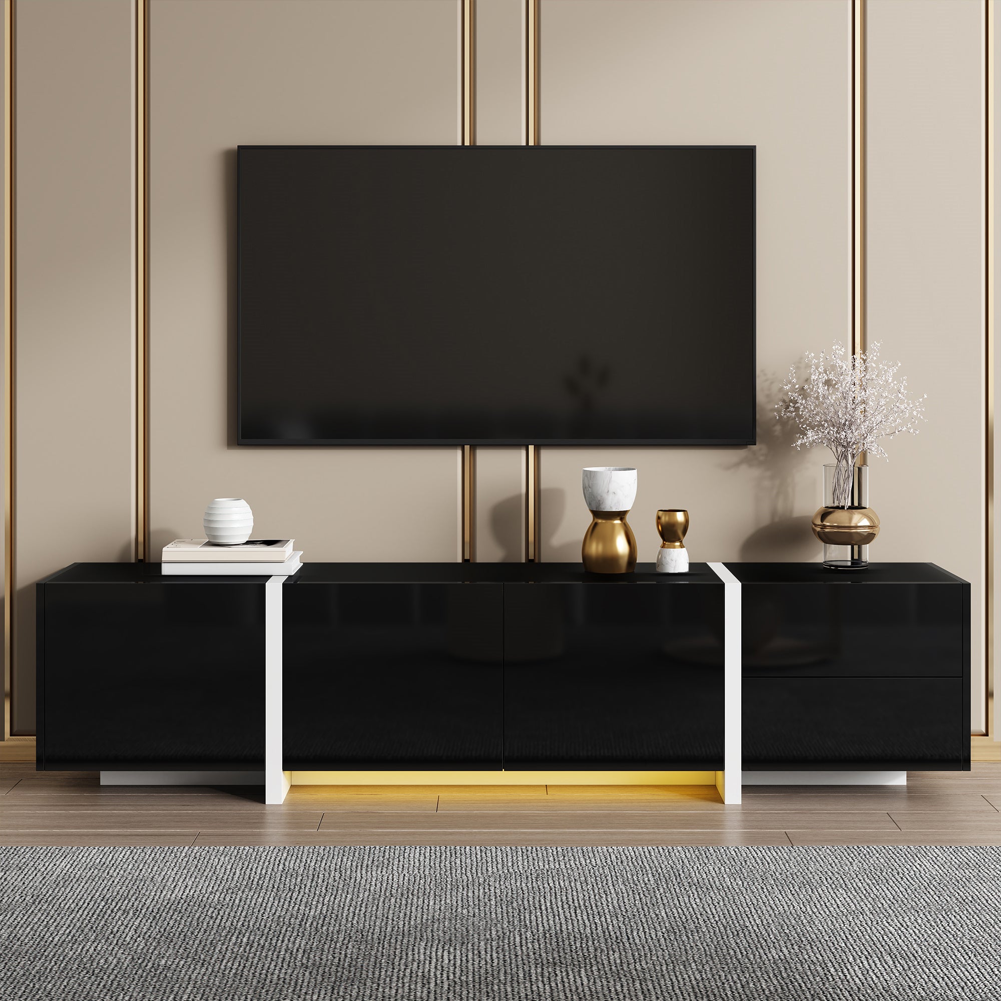 TV Cabinet, High-Gloss with Doors & Drawers, Black & White