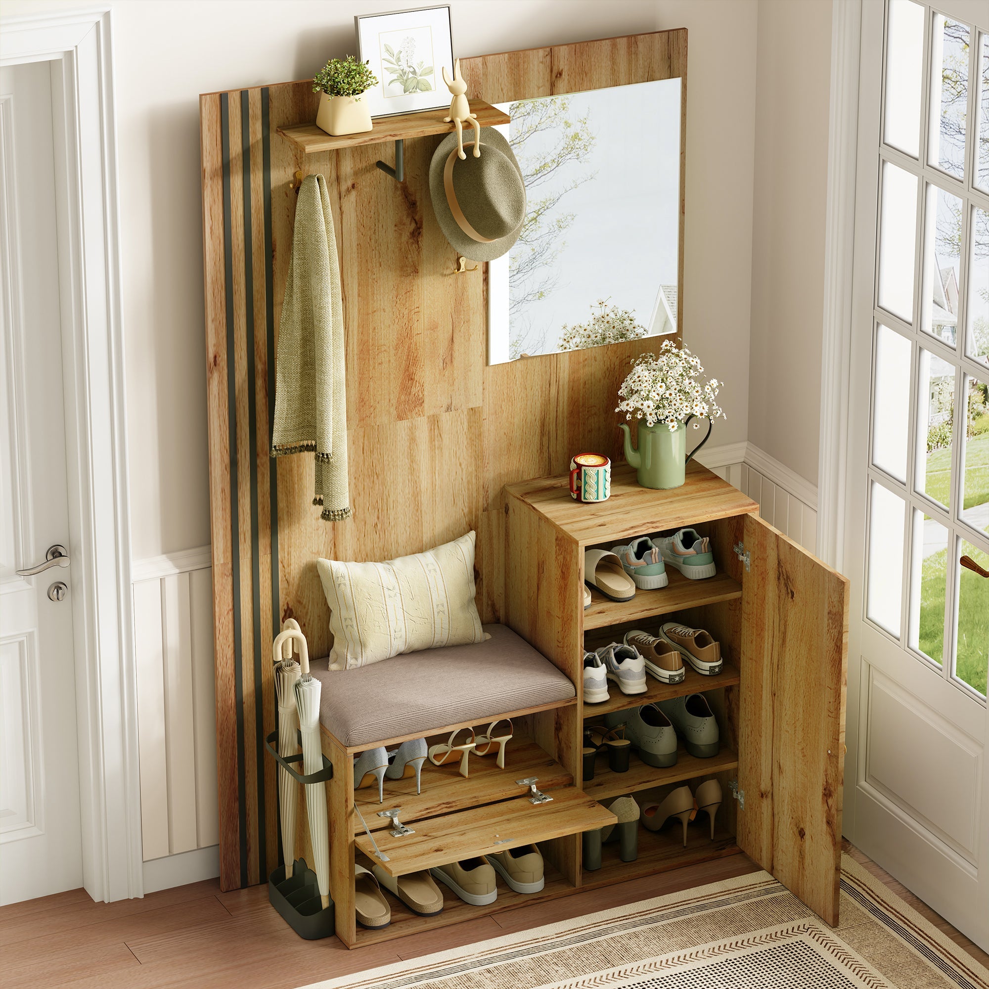 Wardrobe Set, Compact Hallway with Mirror & Cushion, Black Trim