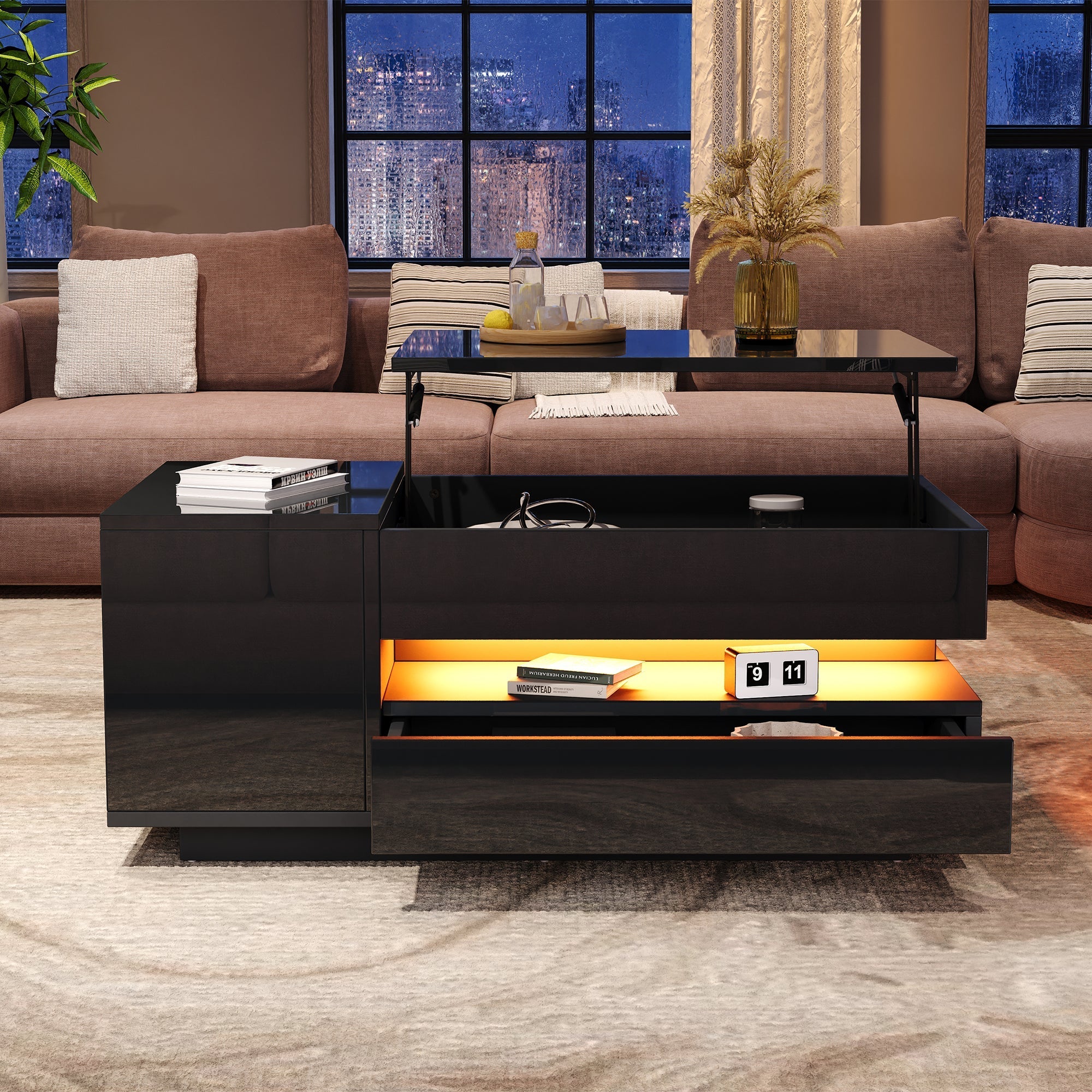 Coffee Table Liftable 95x50x34.5cm, LED, High-Gloss Black