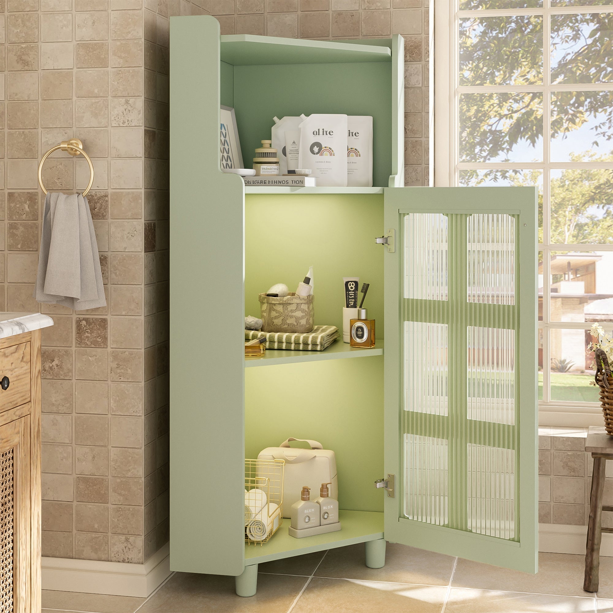 Corner Cabinet LED App Control Lacquered Finish 63.5x124cm - Green