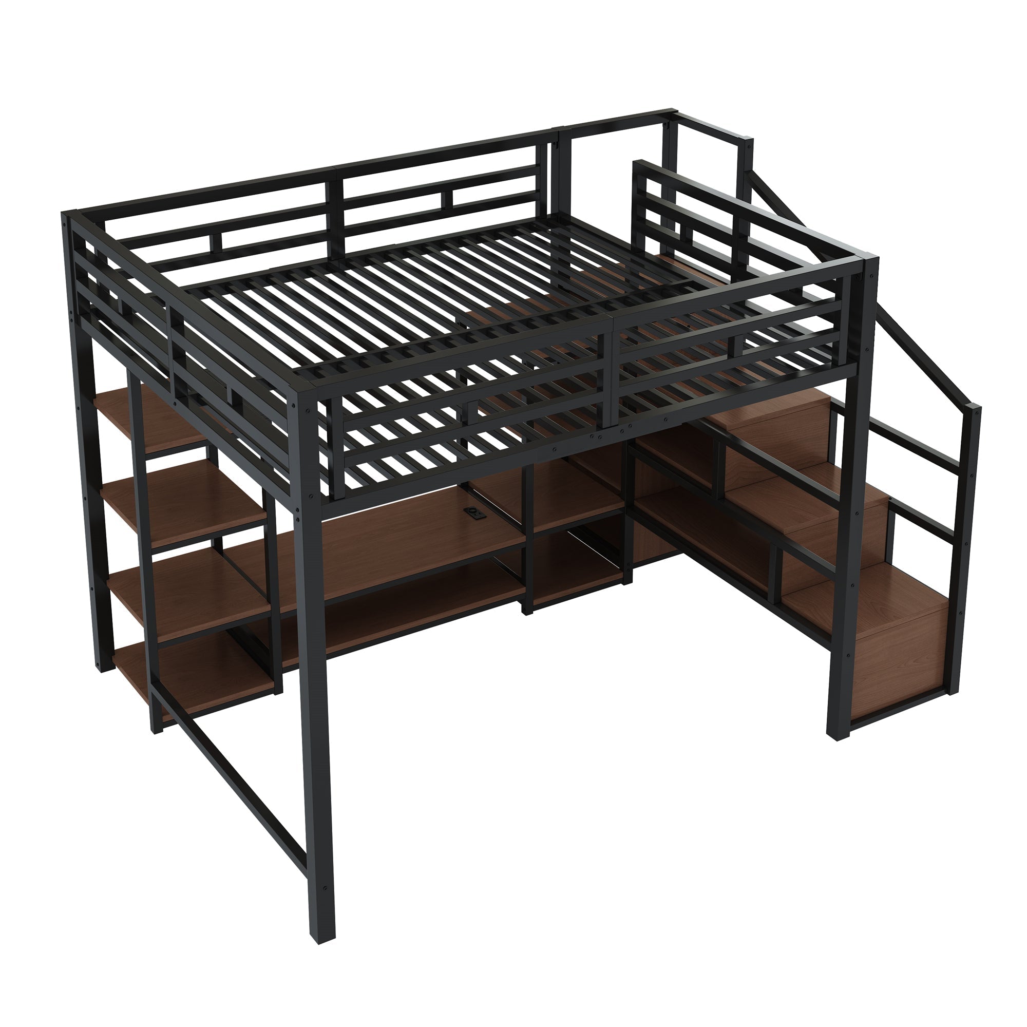 Loft Bed 140x200 TV Stand Power Outlet Safety Ladder, Metal/Wood Black