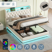 5ft King Upholstered Bed Frame, Hydraulic Storage LED Headboard Charging Station, Linen Beige