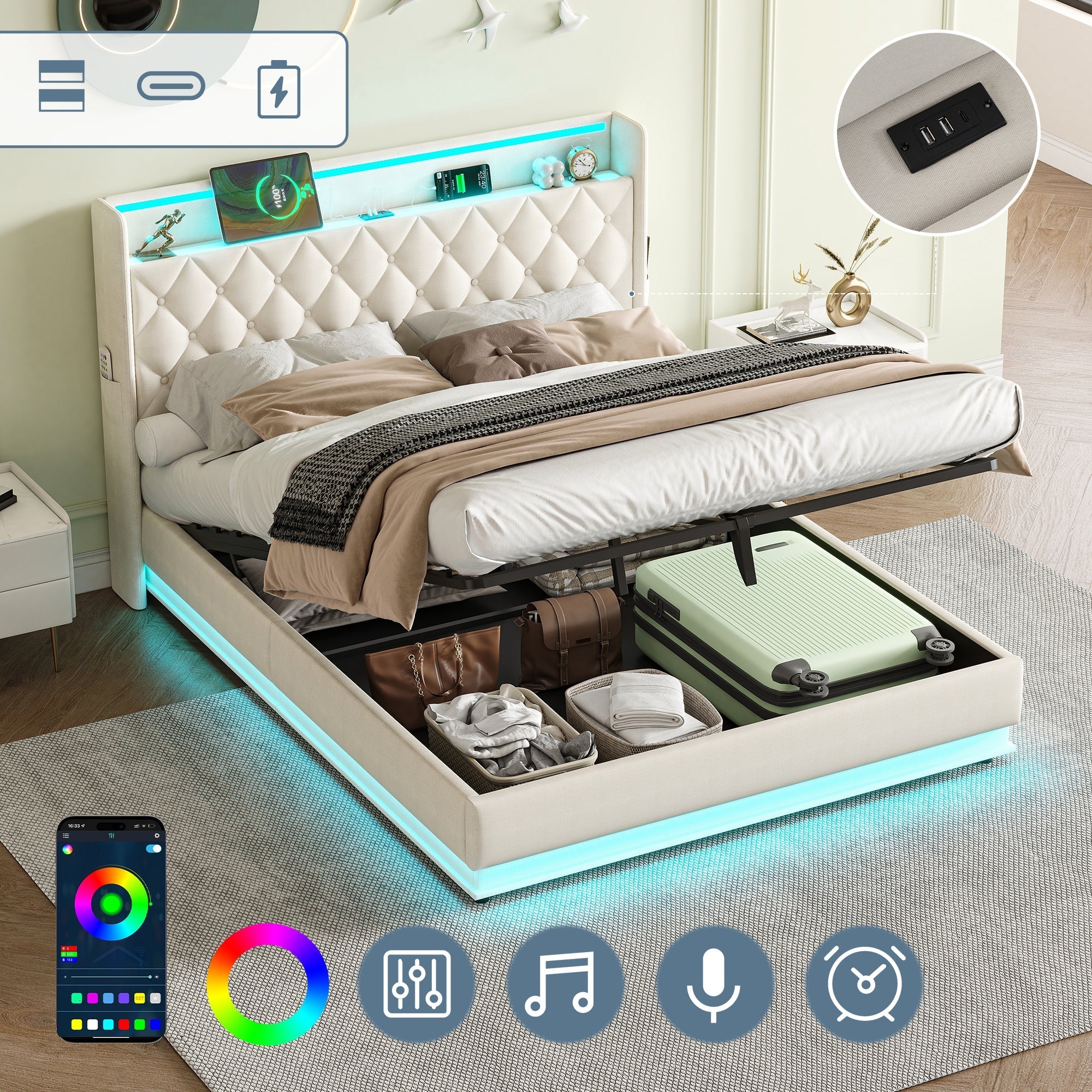 5ft King Upholstered Bed Frame, Hydraulic Storage LED Headboard Charging Station, Linen Beige