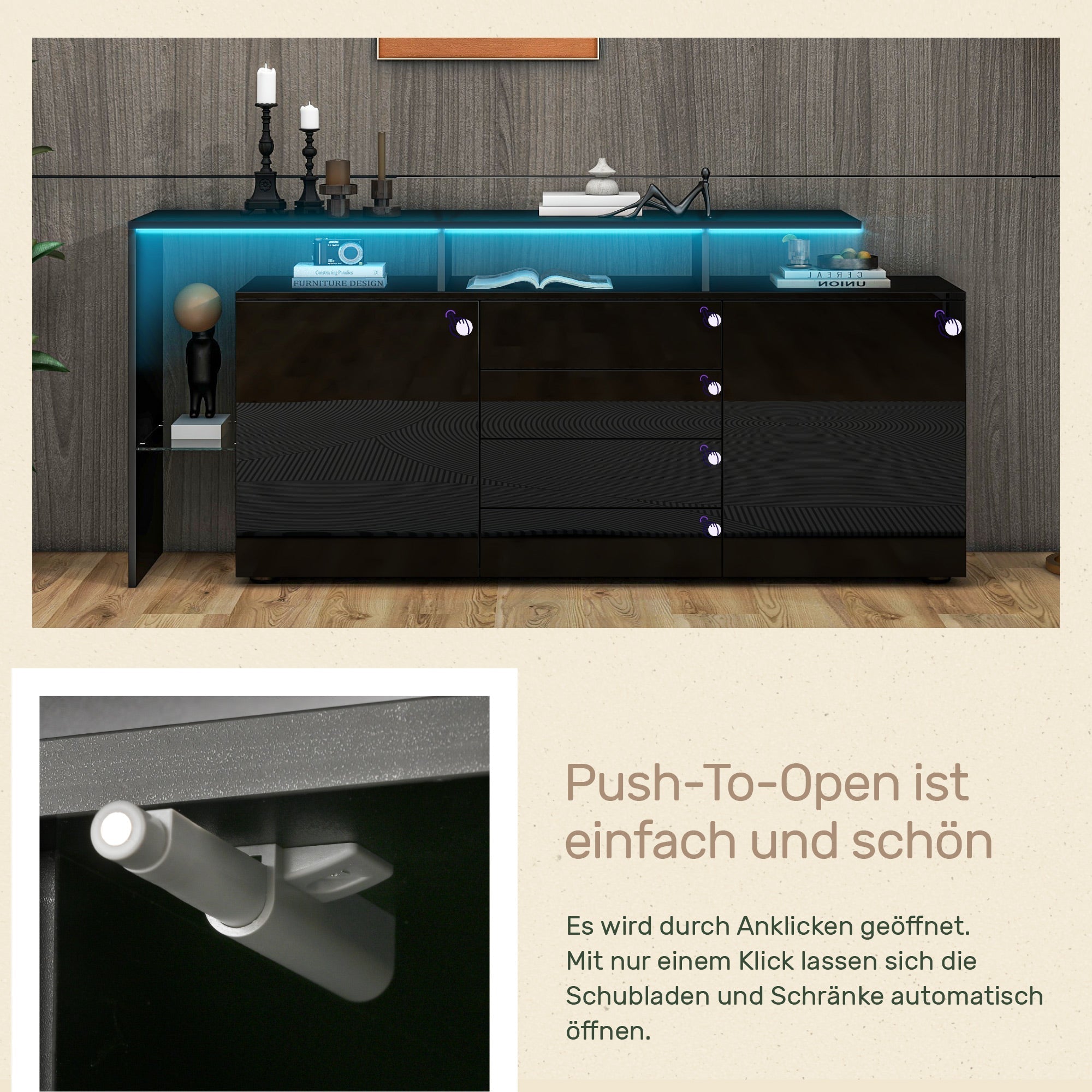 Highboard Sideboard with LED Lighting High-Gloss - Black