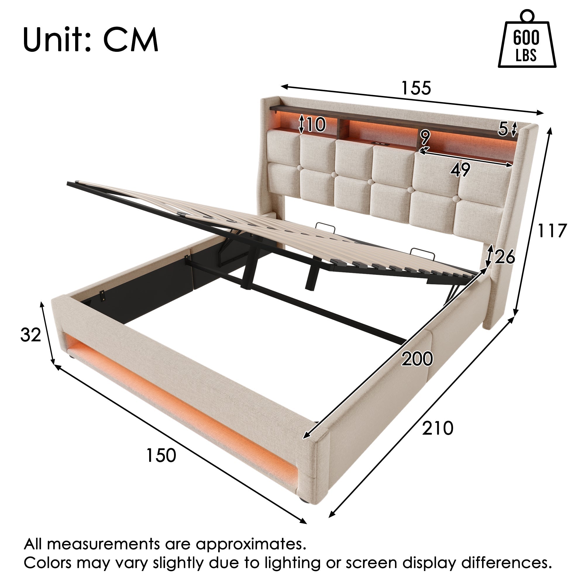 Upholstered Double Bed 150 x 200 cm with LED Lighting, USB Type-C Charging, Storage Headboard, 5FT King Size, Linen, Beige