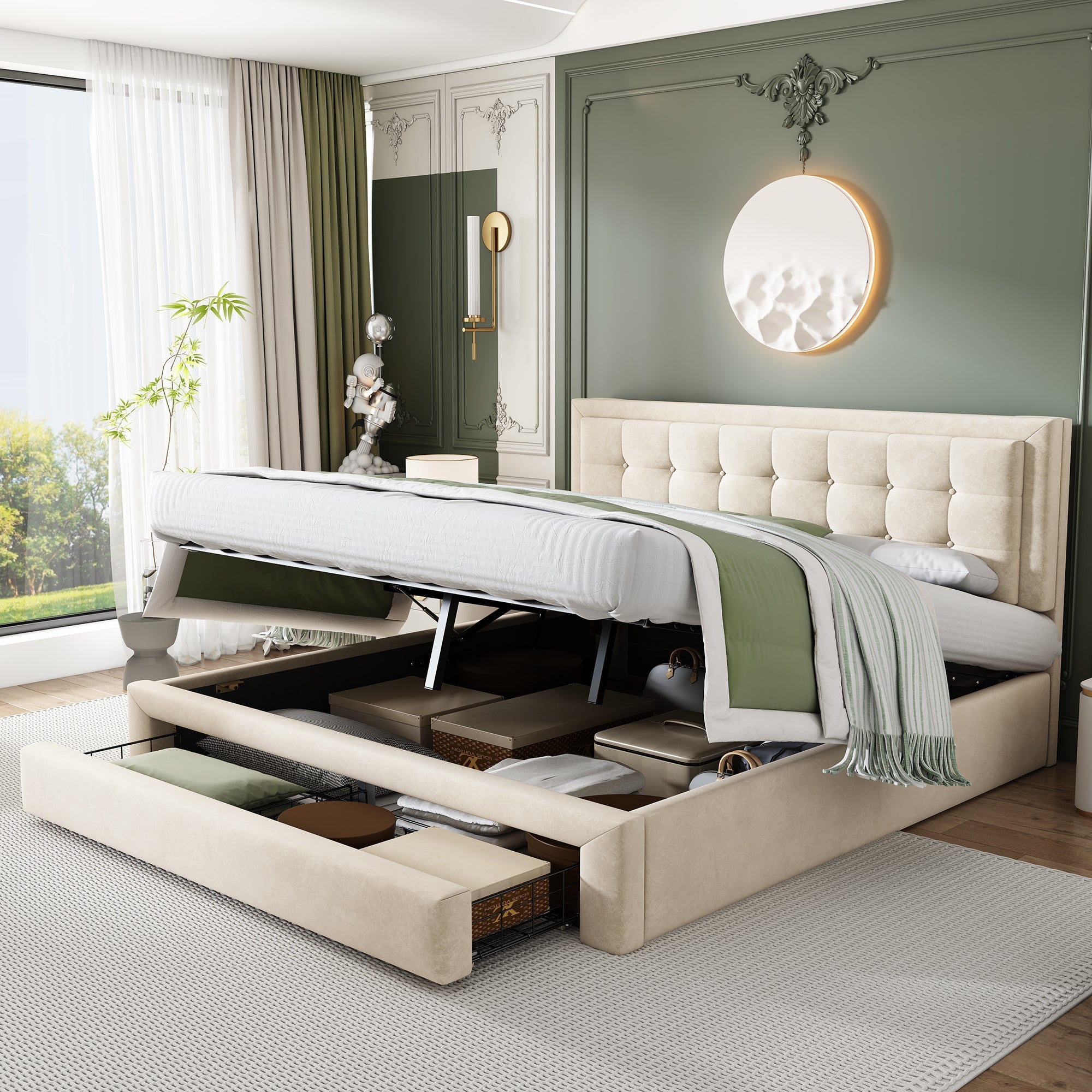 Upholstered Bed Double 4ft6 (135x190cm) with Storage, Slats & Headboard, Velvet Cream