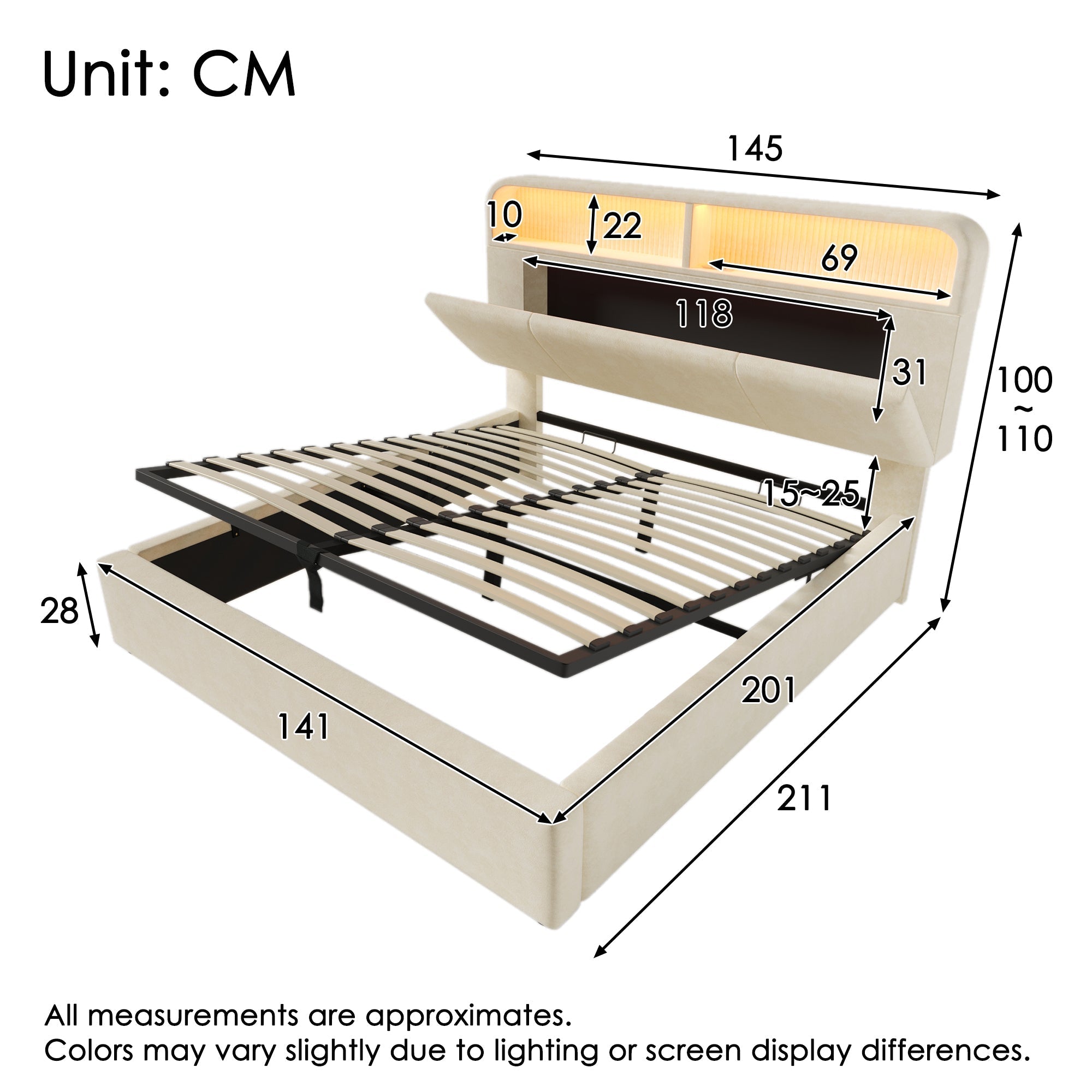 Upholstered Double Bed 140x200cm Hydraulic Storage Headboard LED USB/Type-C Velvet Beige