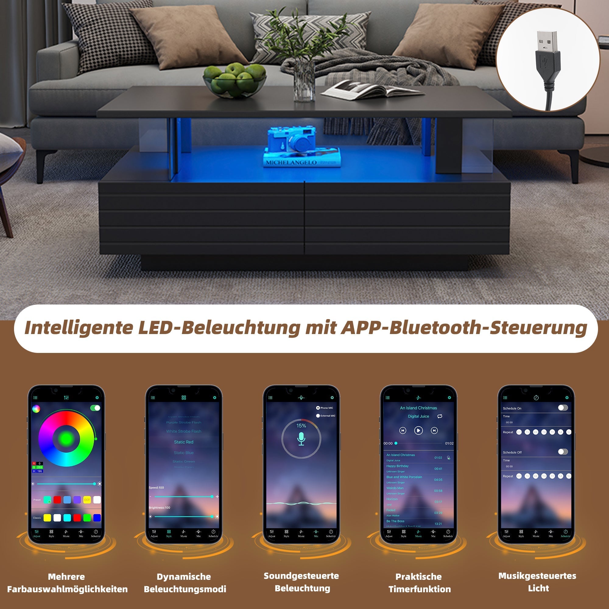 LED Coffee Table Double-Layer Rectangular Storage Bluetooth App Control, Black Acrylic