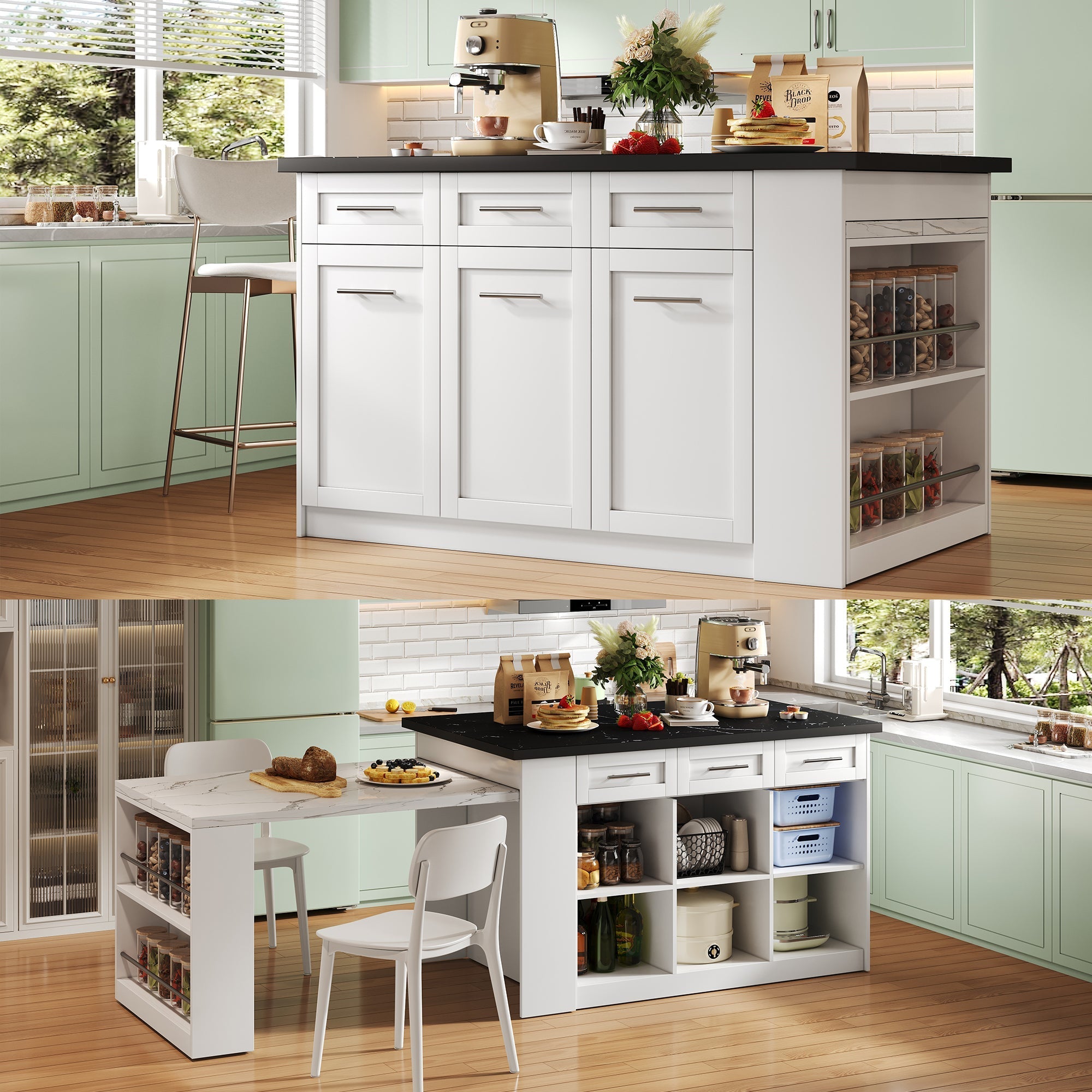 Kitchen Island Extendable Dining Table Storage Marbled Worktop White