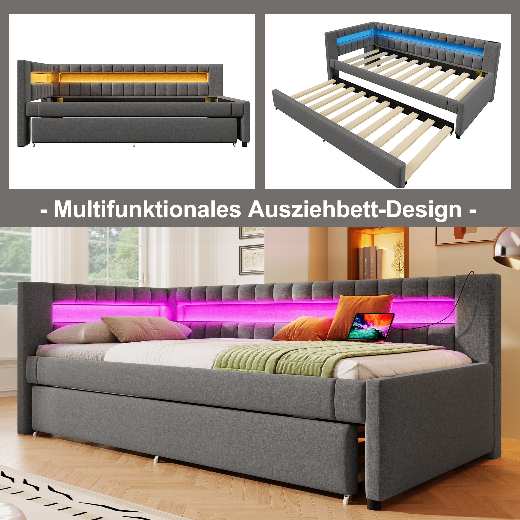 Daybed Sofa Bed 90x200cm Pull-out Bed LED Light USB/Type-C - Linen Grey