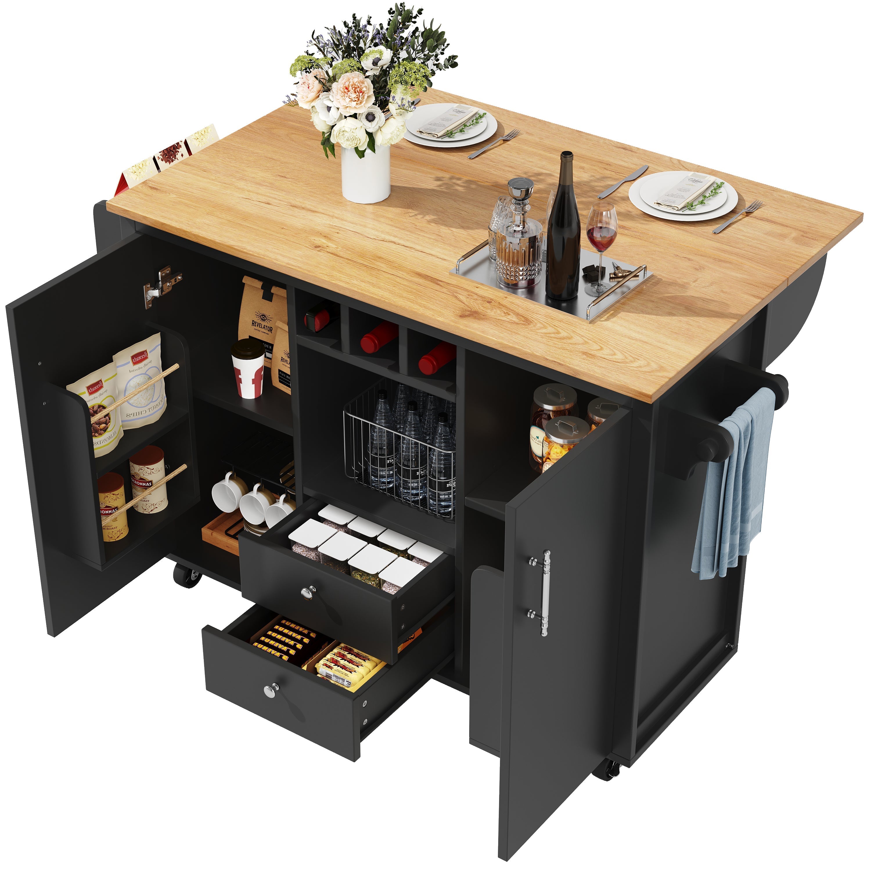 Kitchen Island Trolley 120cm Folding Worktop Wine Rack Adjustable Shelves - White/Black