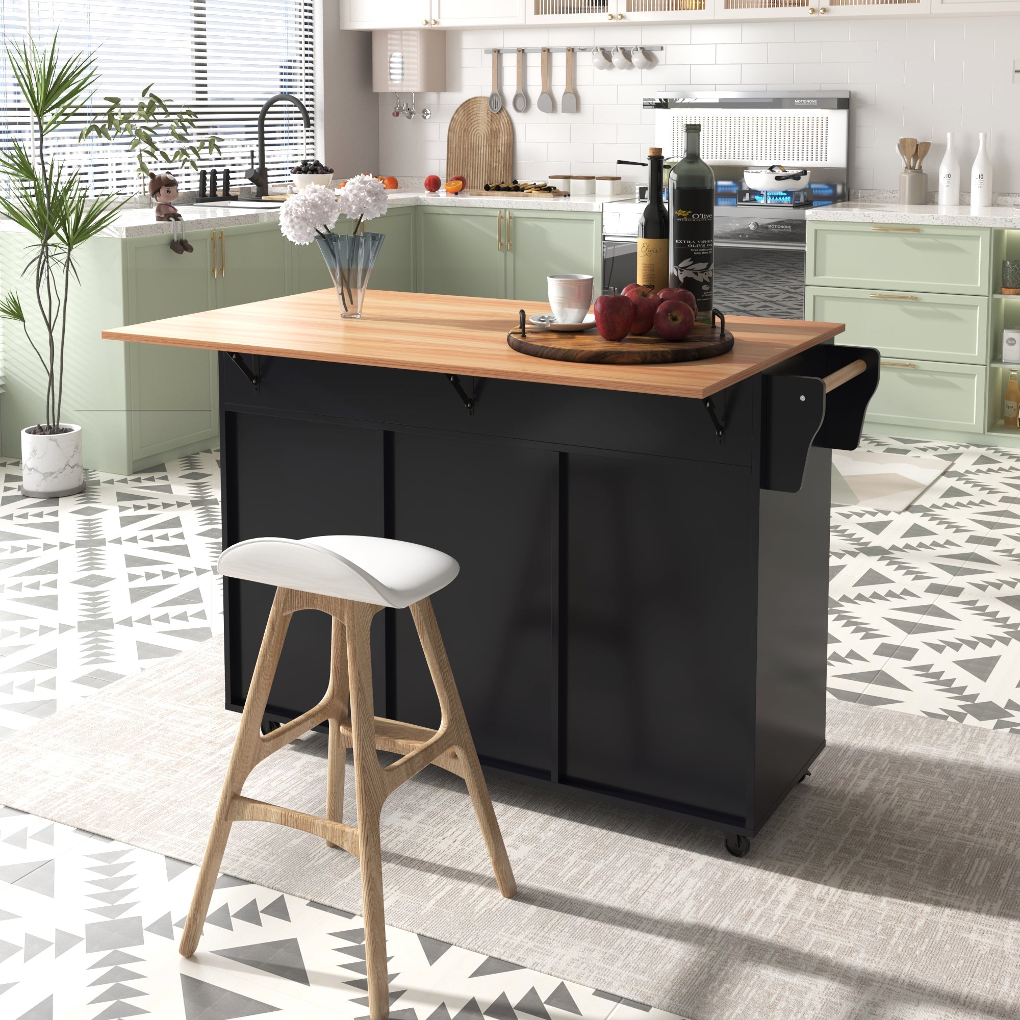 Dining Table Trolley with Folding Tabletop and Storage Cabinets, Black