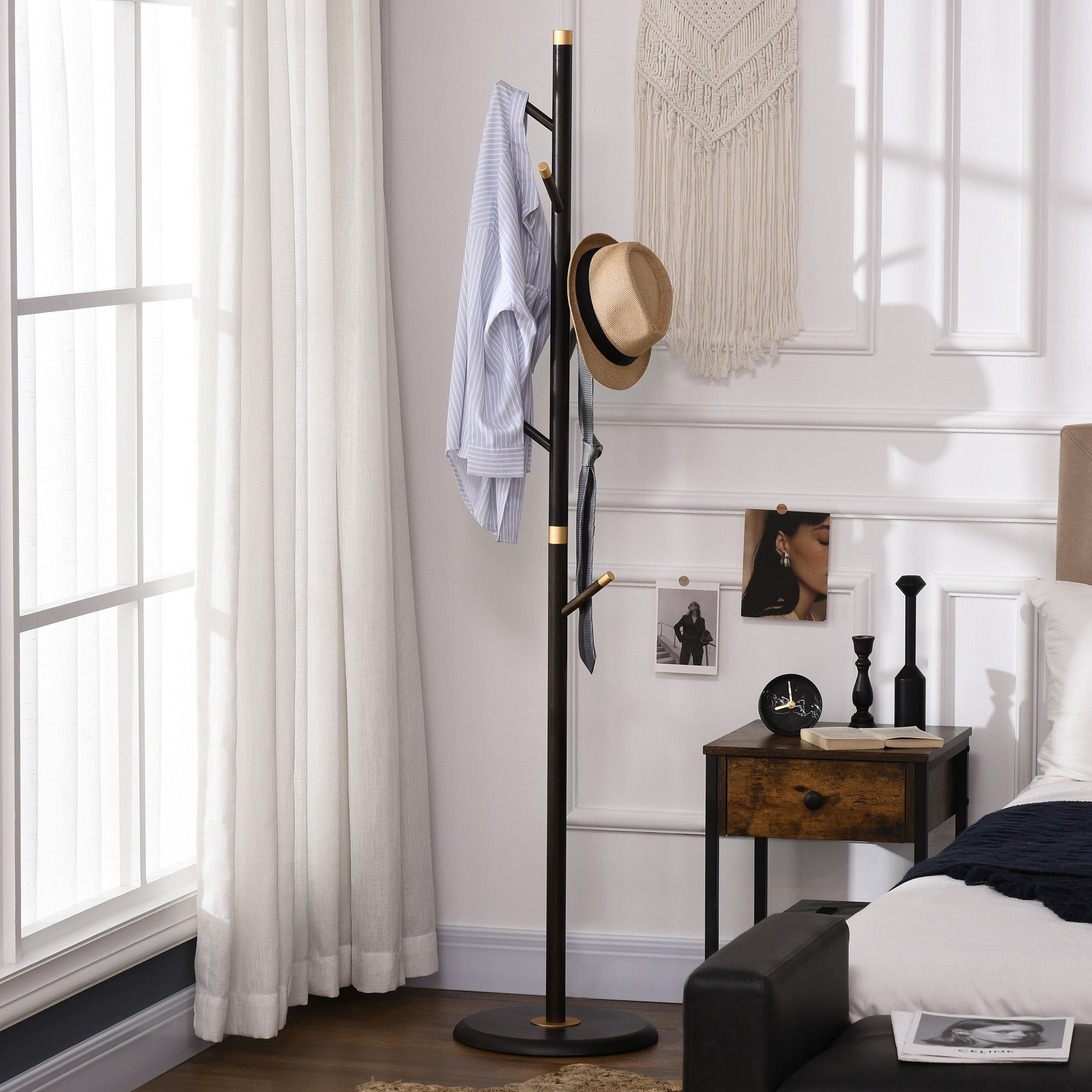 Coat Rack, 6 Hooks, Freestanding, Walnut
