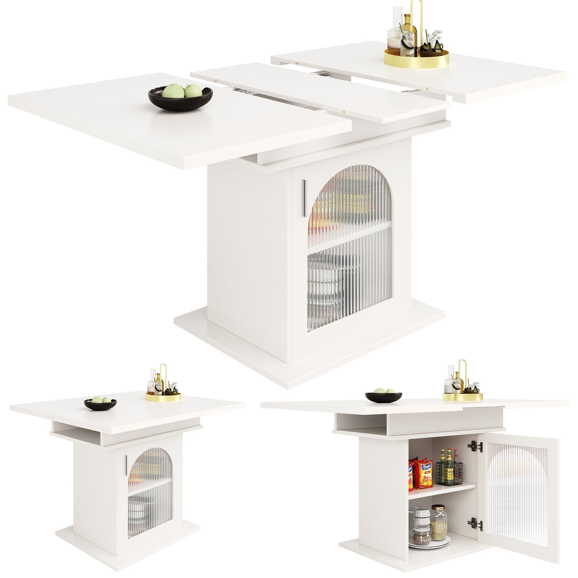 Dining Table, Telescopic Extendable with Storage Levels, White
