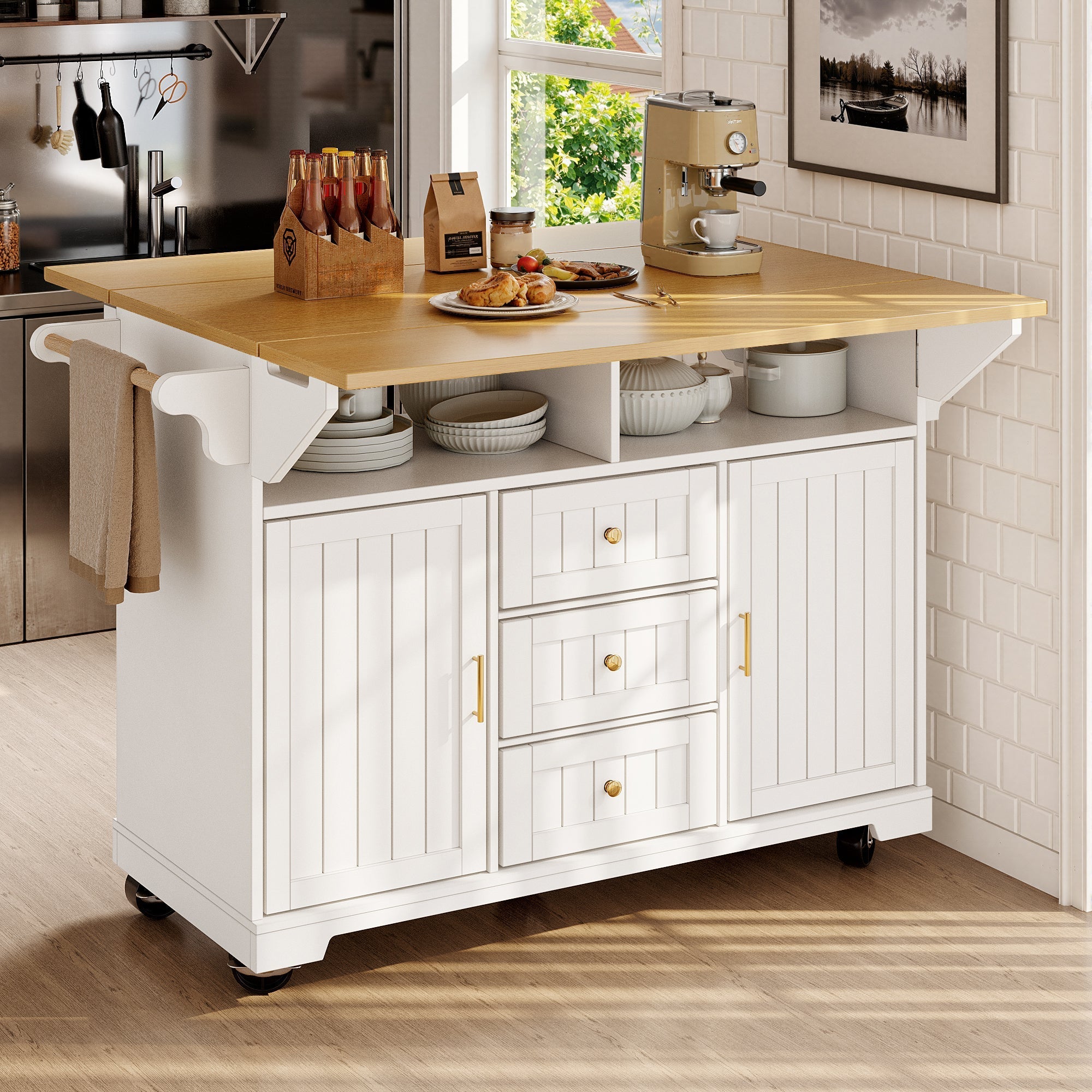 Kitchen Island Extendable Mobile 2 Doors 3 Drawers Spice Rack - Black/White