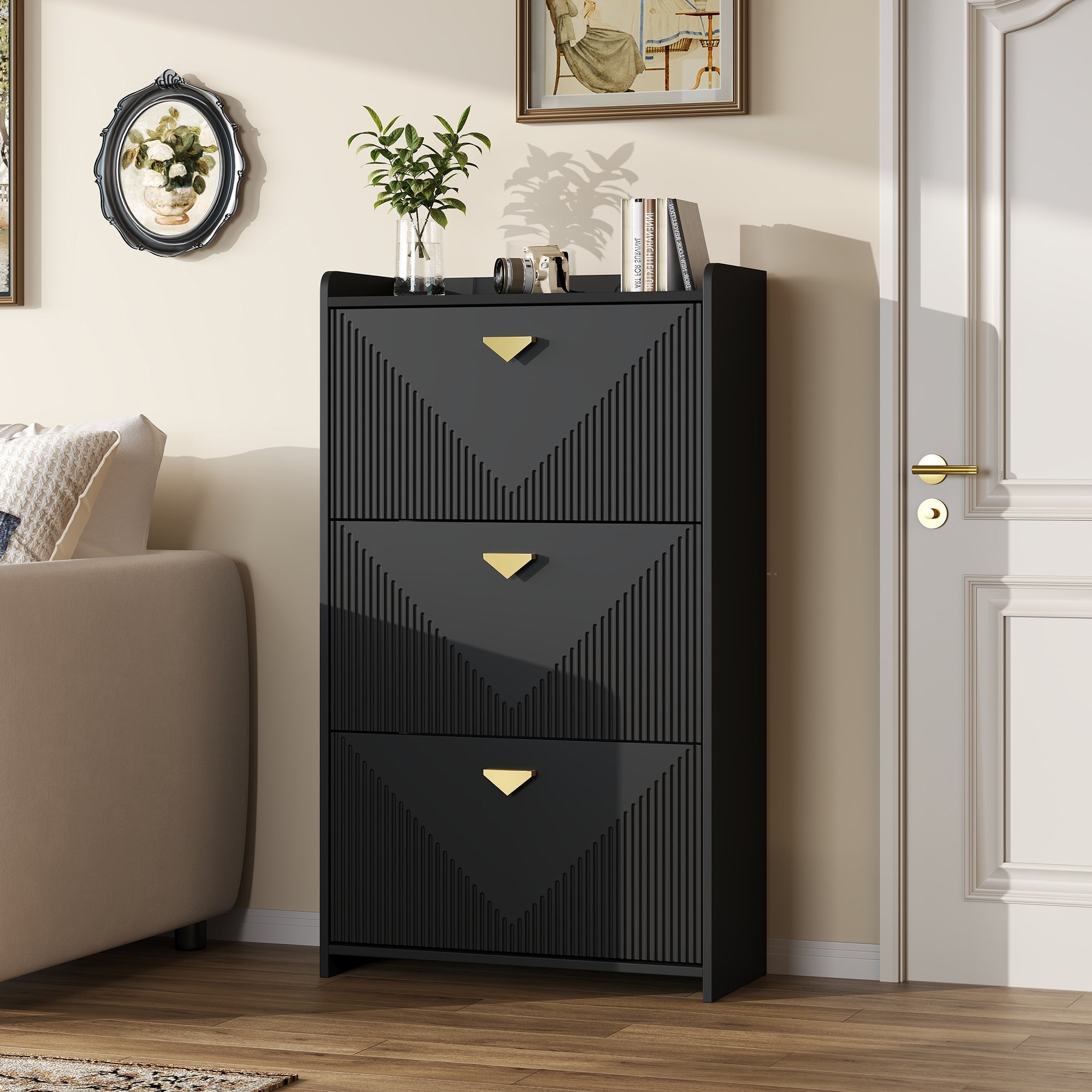 Shoe Cabinet 70x30x120cm 3 Drop-Down Doors 6 Compartments Adjustable Width Black