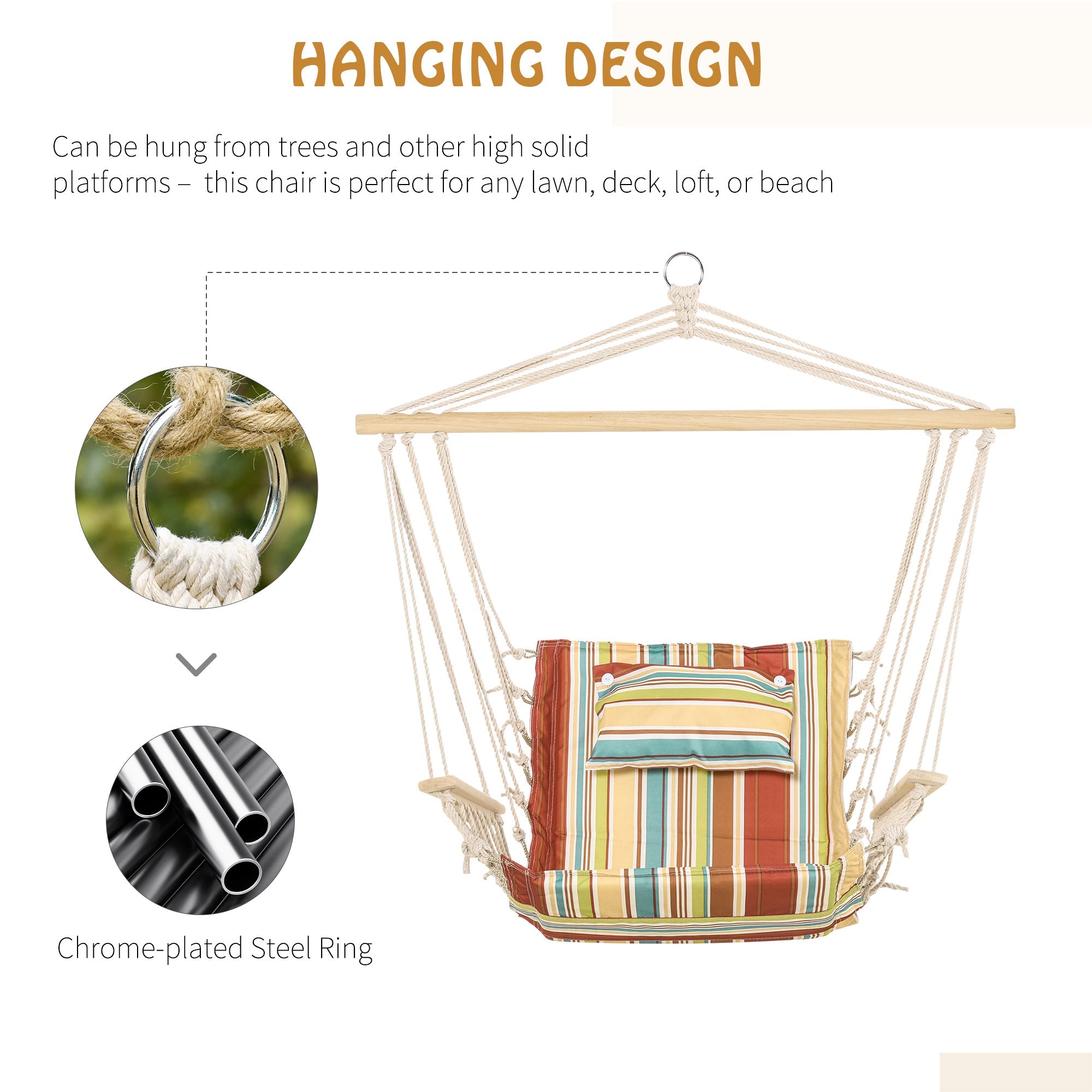 Hanging Hammock Chair Swing Chair, Thick Rope Frame Wide Seat Indoor Outdoor, Multi-Color Stripe