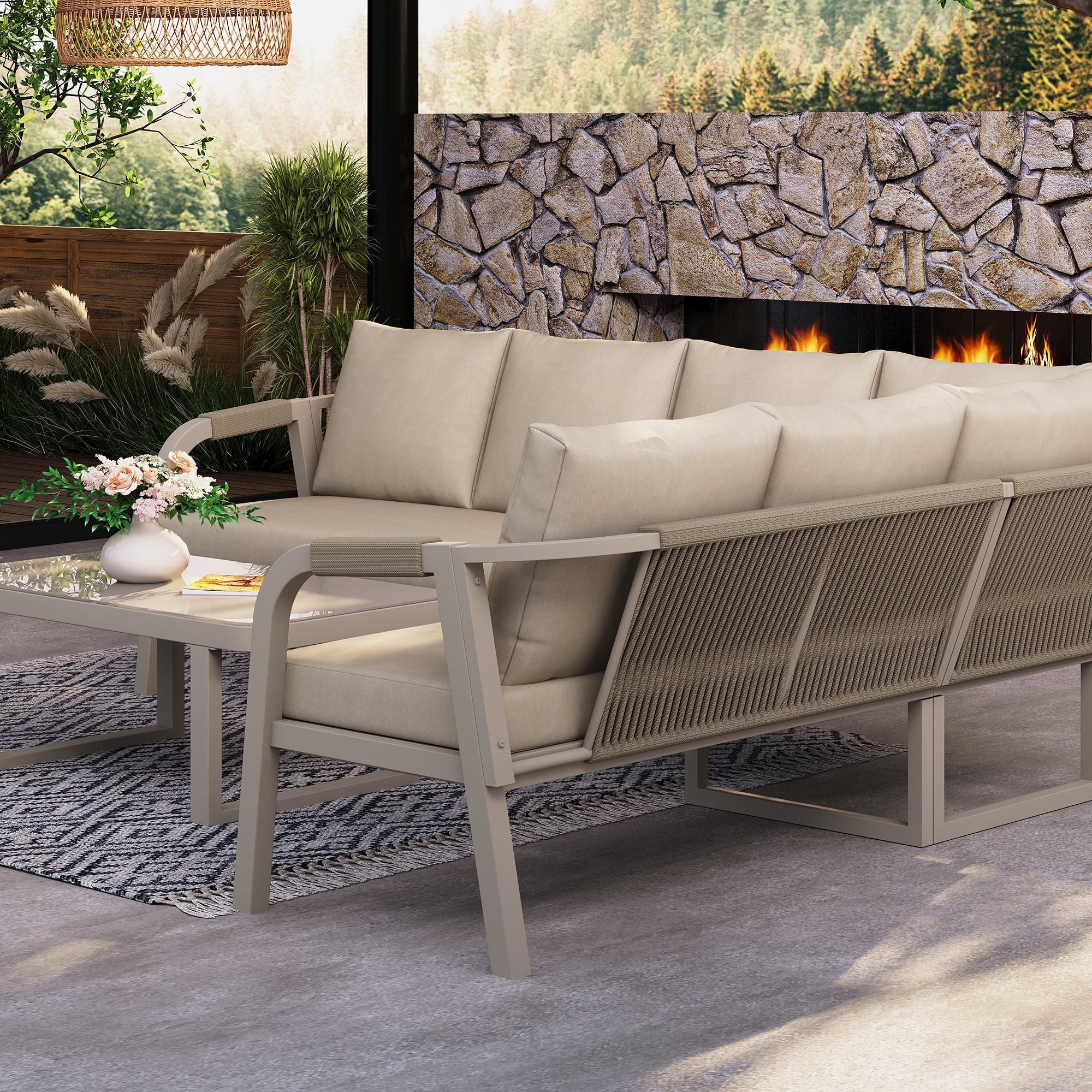 Garden Furniture Set with Corner Sofa and Coffee Table, Seats 6, Woven Beige Steel Tubes
