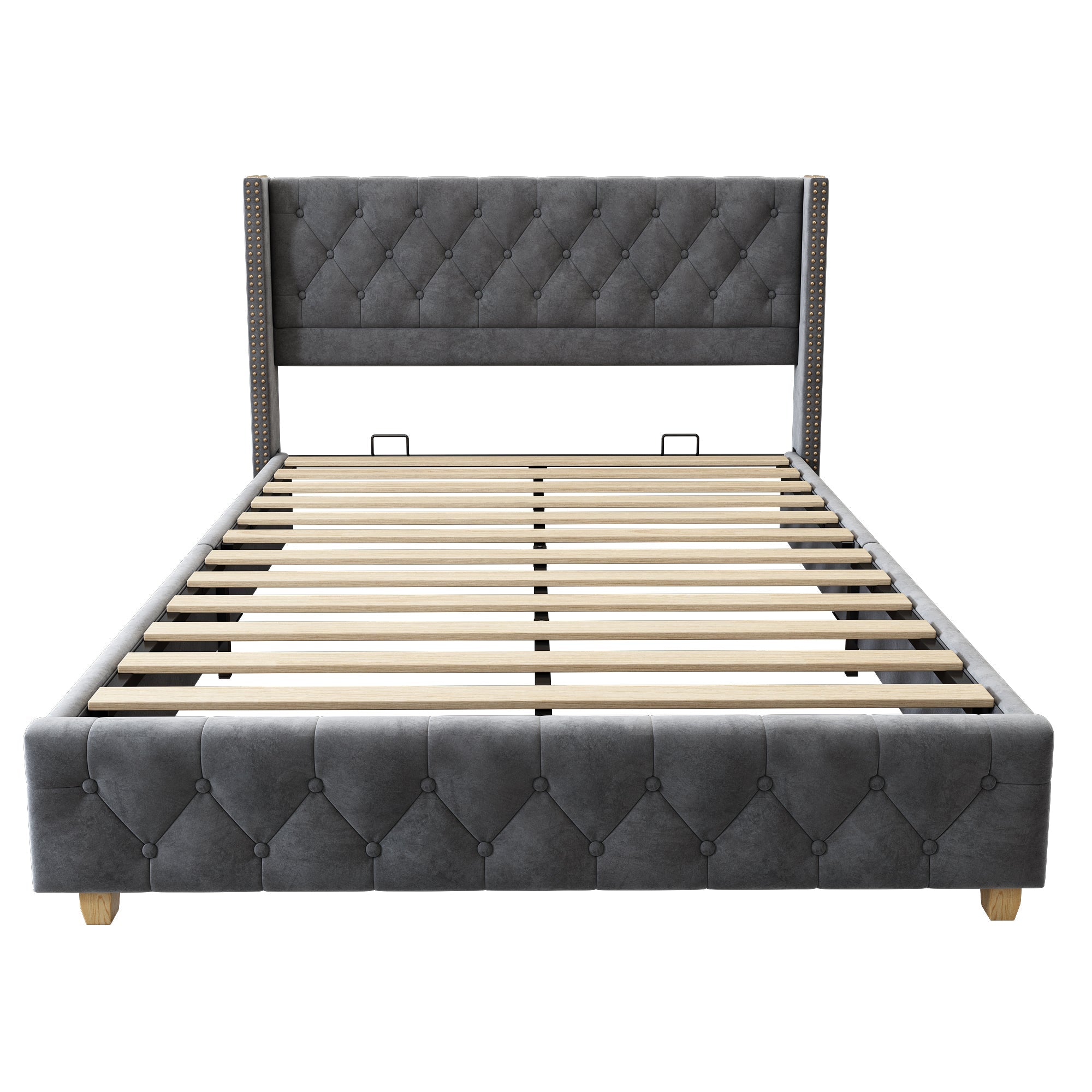 Lit rembourré 140x190cm Tête de lit Sommier à lattes Boutons Rivets Pieds en bois Velours gris