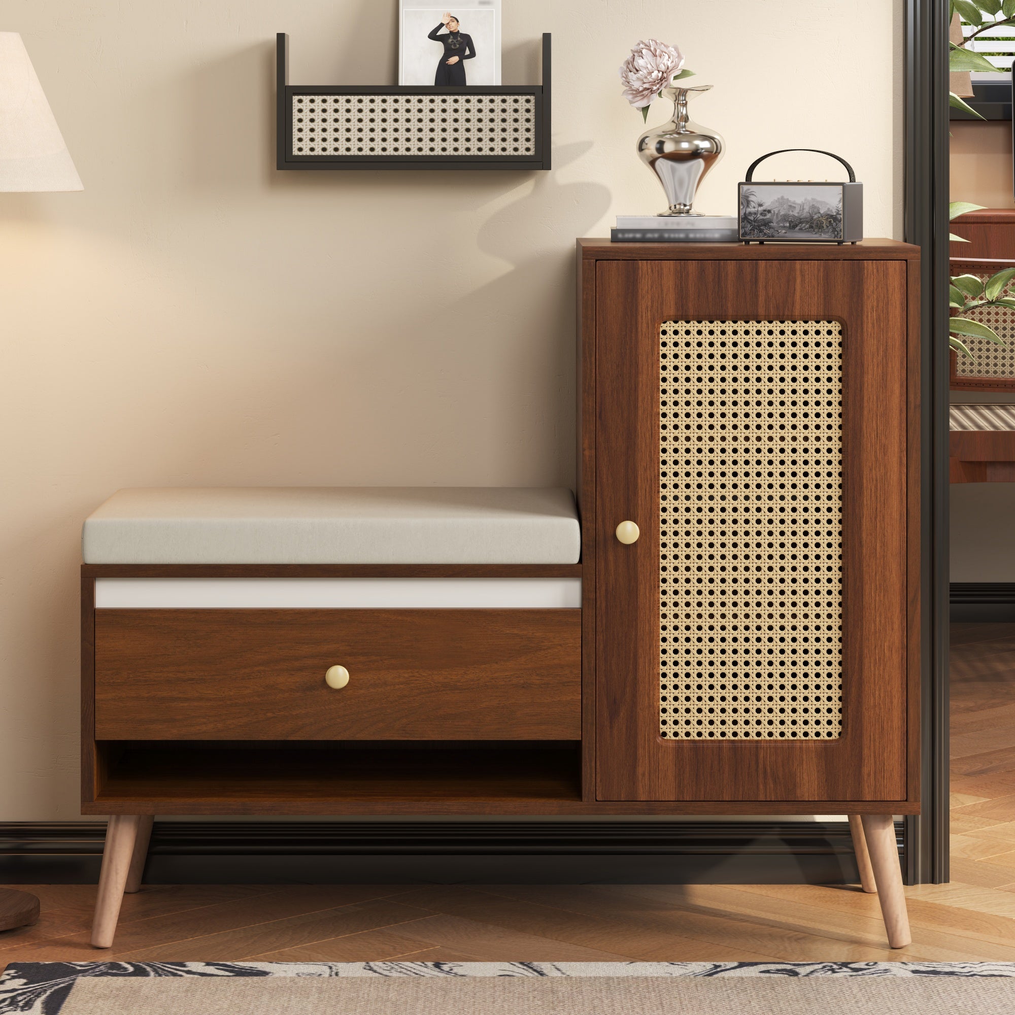 Rattan Hall Bench with Shoe Storage, Drawers and Seat Cushion, Oak and Rattan