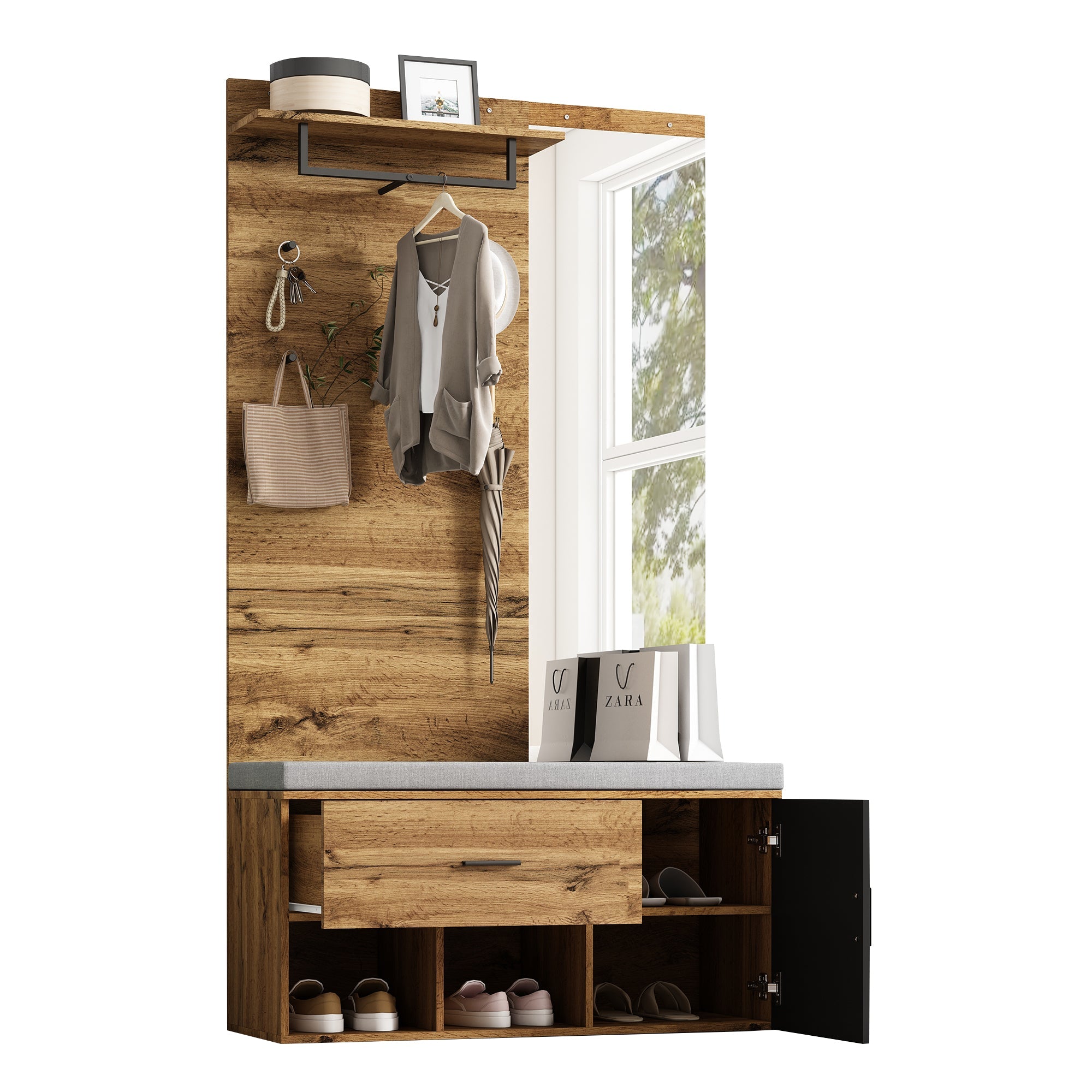 Wardrobe Set with Mirror, Shoe Bench, & Storage - 190 cm High, Wood Look