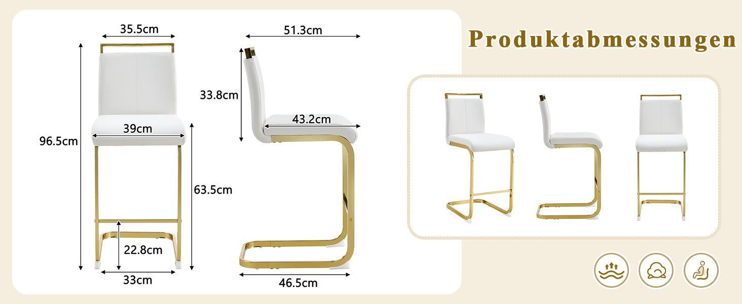 Bar Stools Set of 2 Nordic Style Gold Metal Legs - White Faux Leather