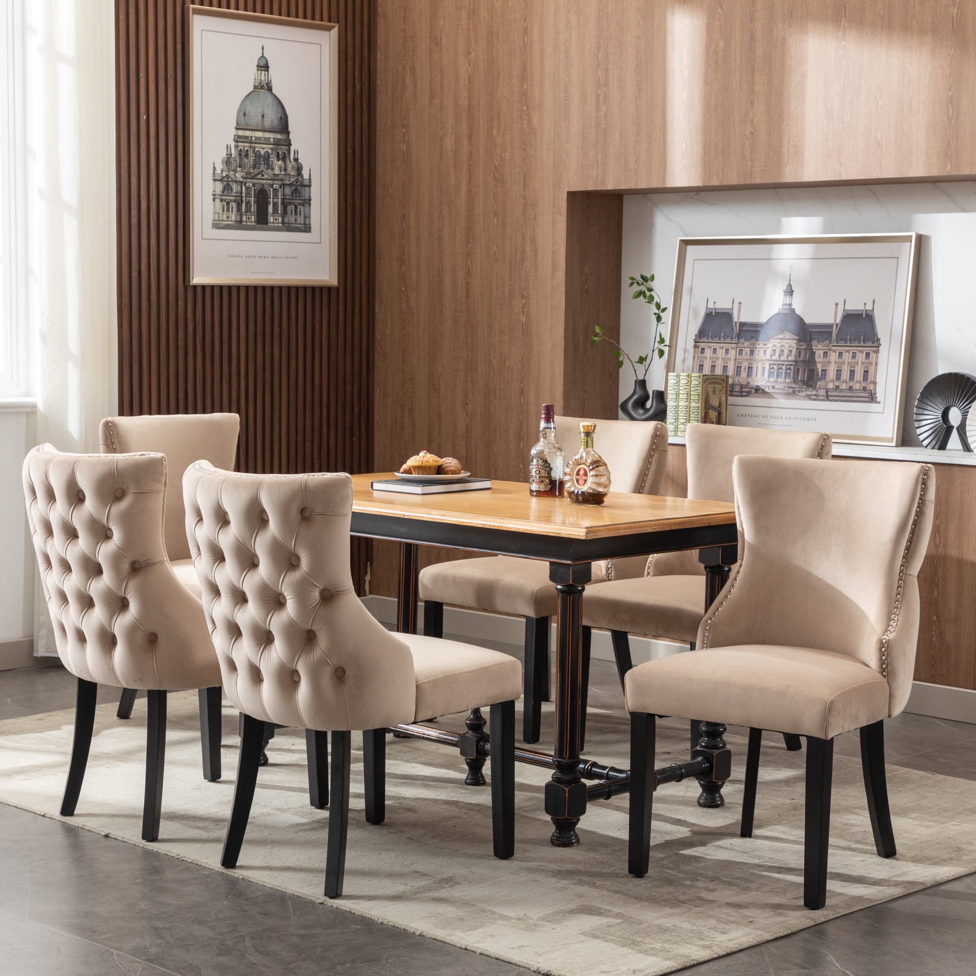 Dining Chair - Button Tufting, Solid Wood Frame - Beige Velvet (Set of 6)