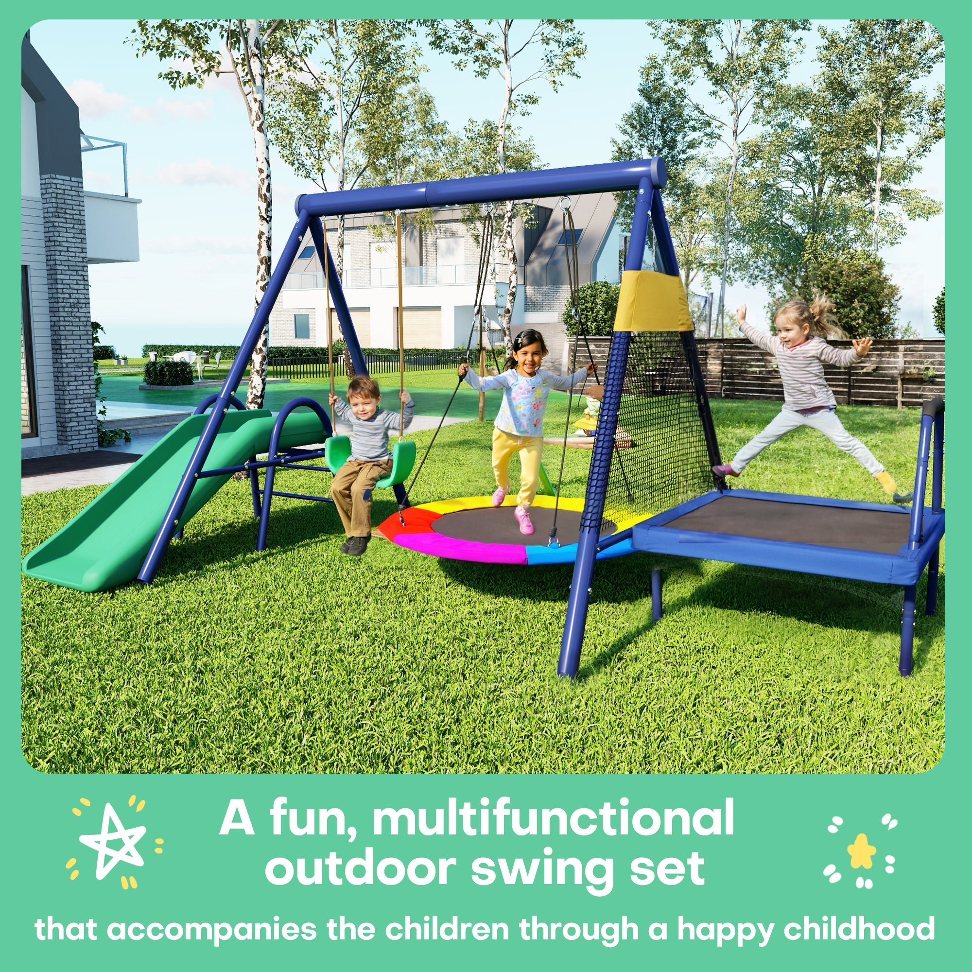 Multifunctional outdoor swing set with slide, trampoline, round nest swing, and plastic swing, safe and durable