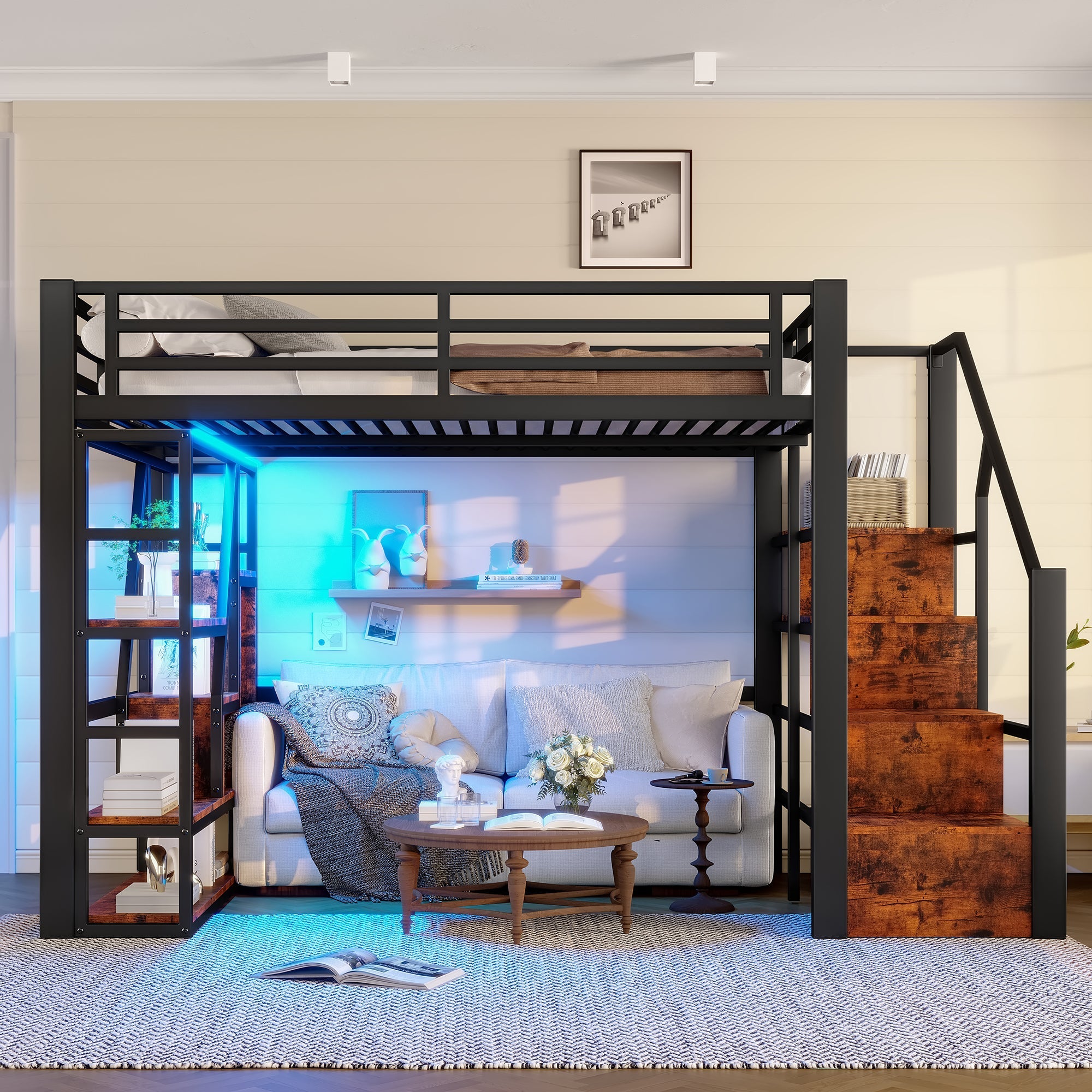Loft Bed 140x200cm Iron Frame, Storage, Steps, LED, Black