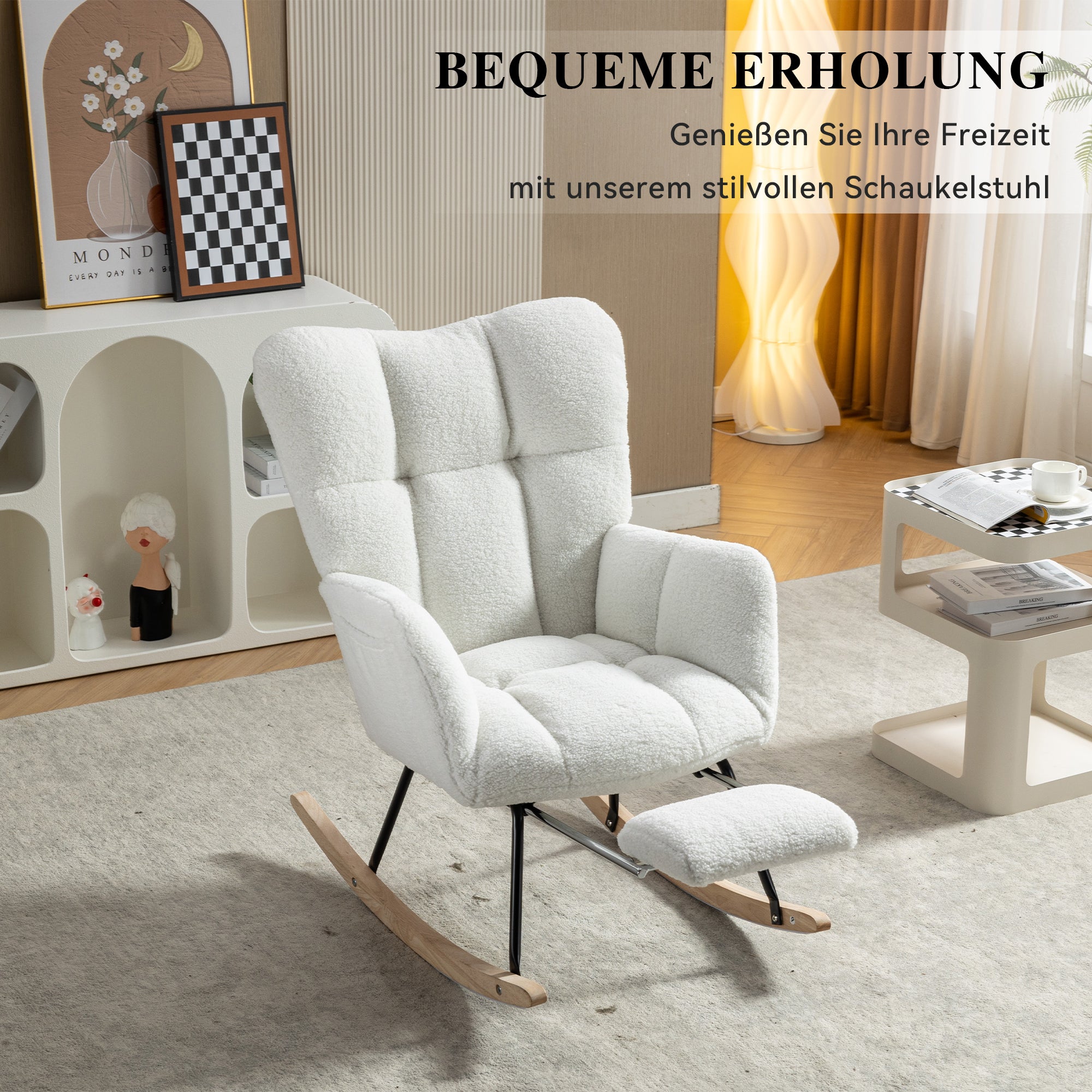 009B Rocking Chair, Upholstered with Retractable Footrest, White Teddy Fabric