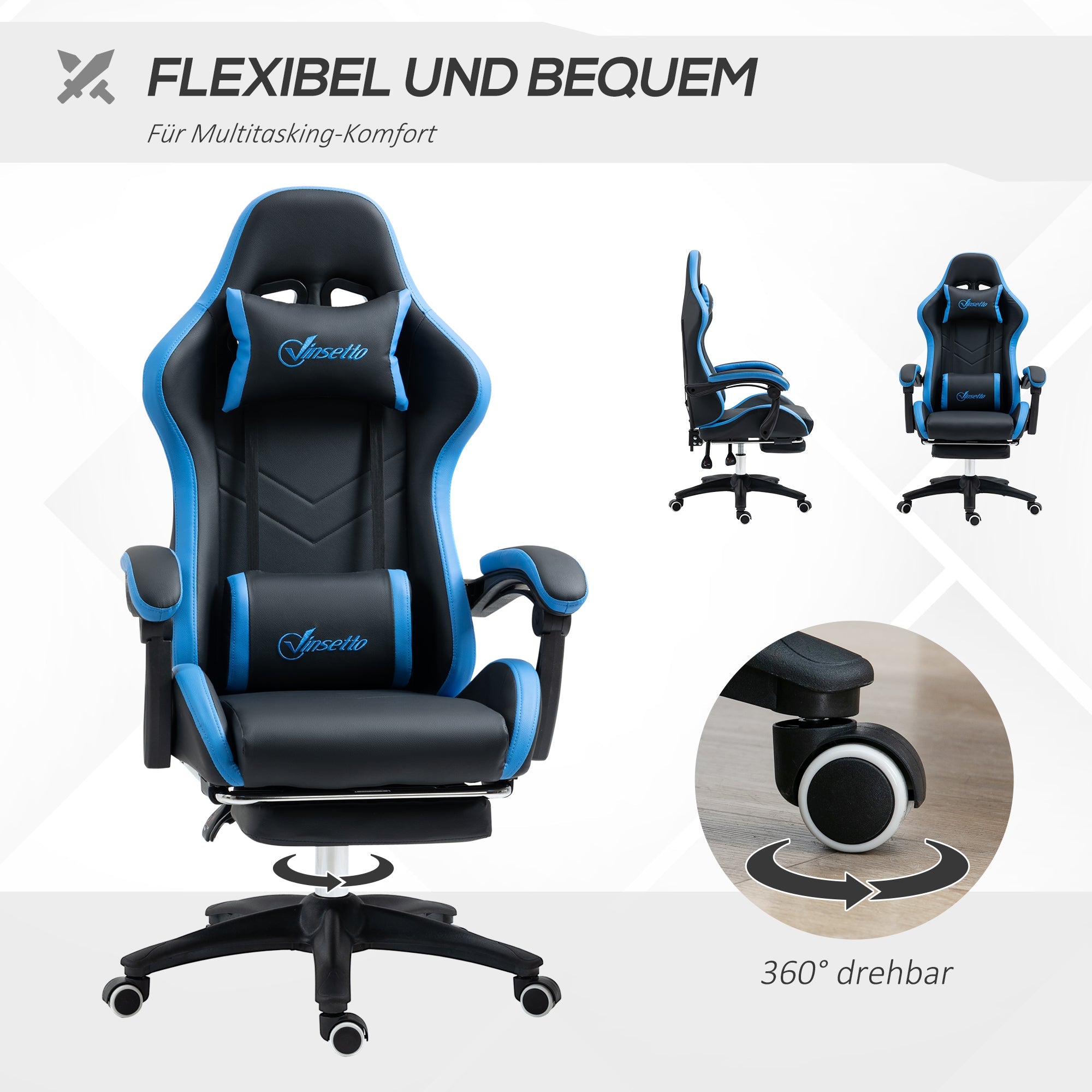 Vinsetto Gaming Chair, Height-Adjustable, Reclining, Blue Black