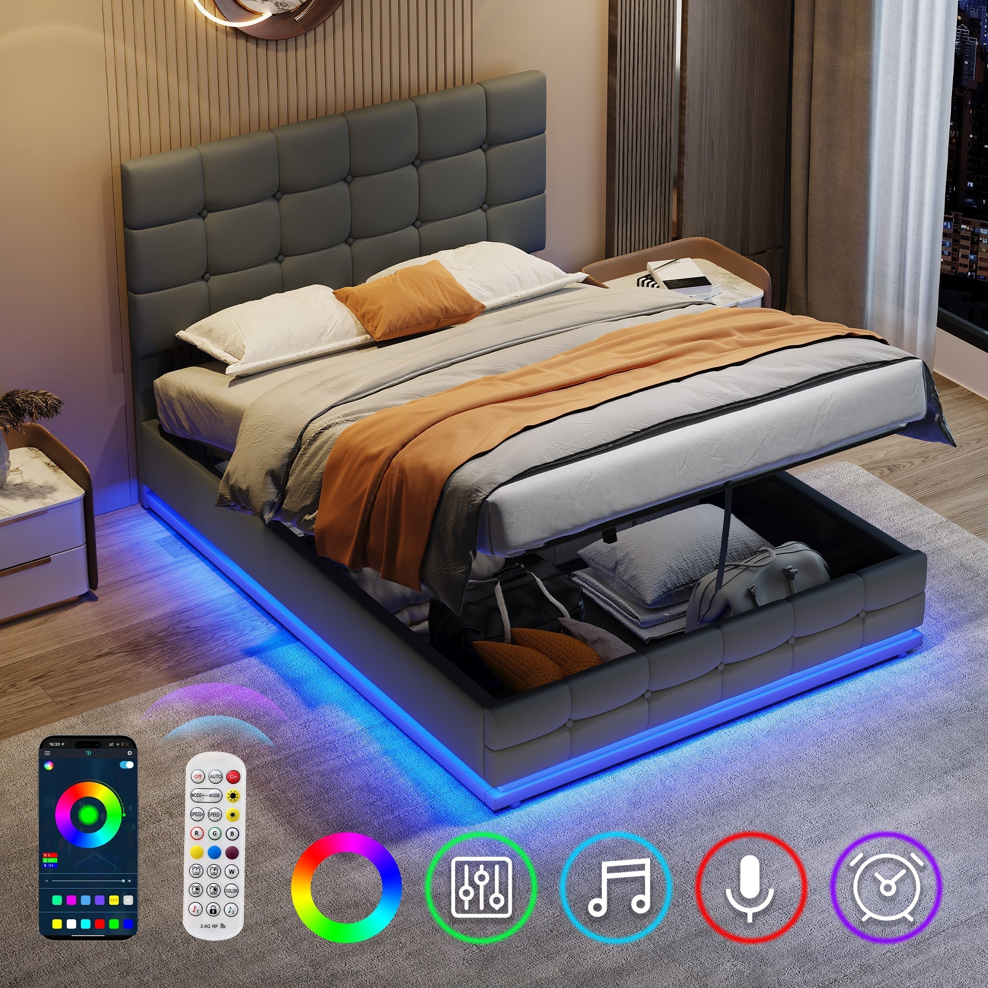 Ottoman Double Bed with LED Lighting, Hydraulic Storage, Adjustable Headboard, Grey PU Leather