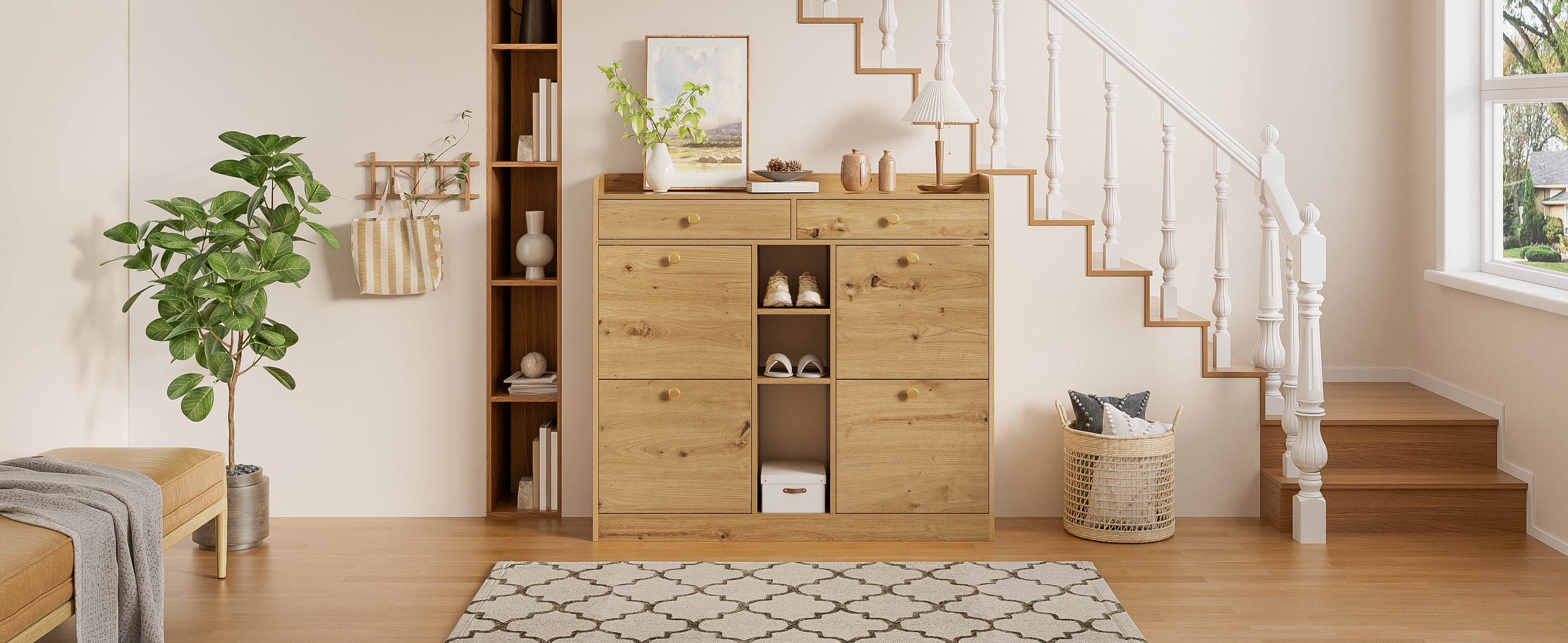 Shoe Cabinet with 4 Hinged Doors, 2 Drawers and 3 Open Compartments, 110x26x100cm, Wood Color