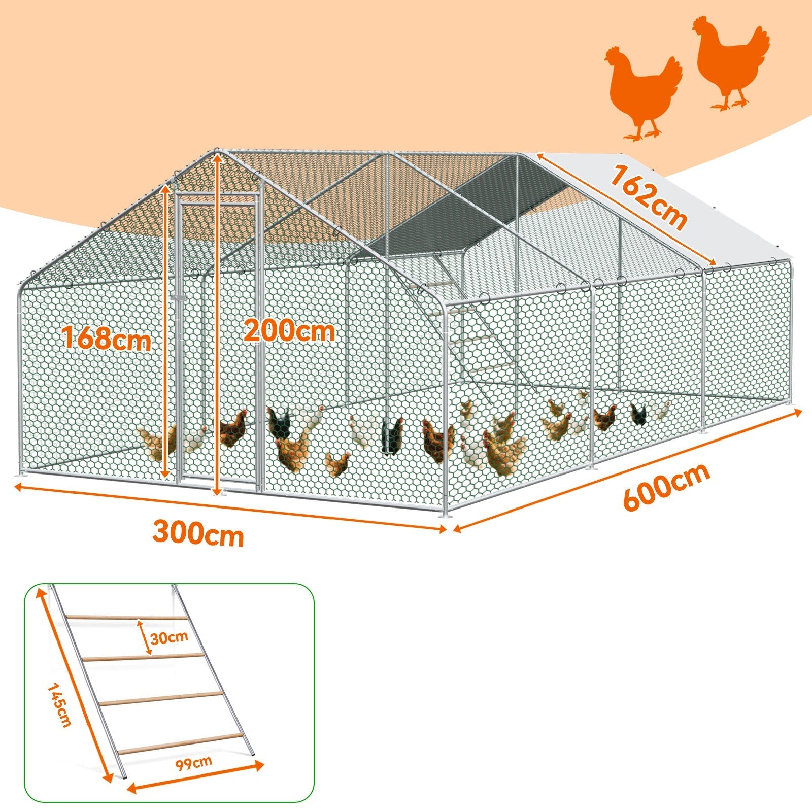 Chicken Run 3x6x2m with Safety Lock & Waterproof PE Cover - Metal