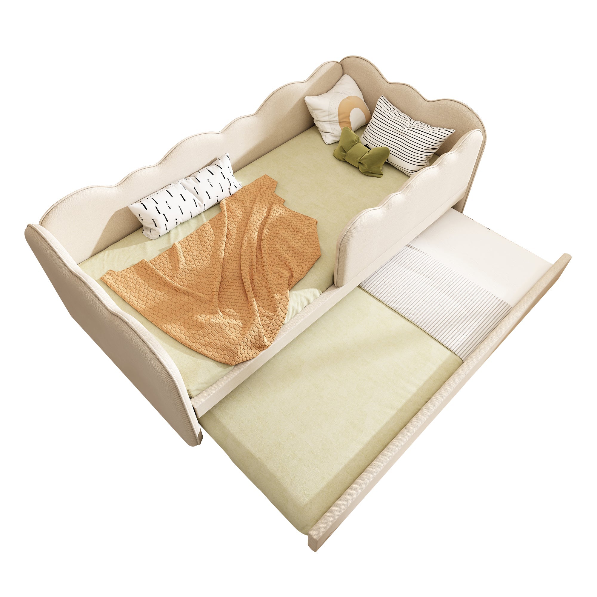 Upholstered Daybed with Pull-Out Trundle, 3FT Single Sofa Bed for Adults & Children, Linen Beige