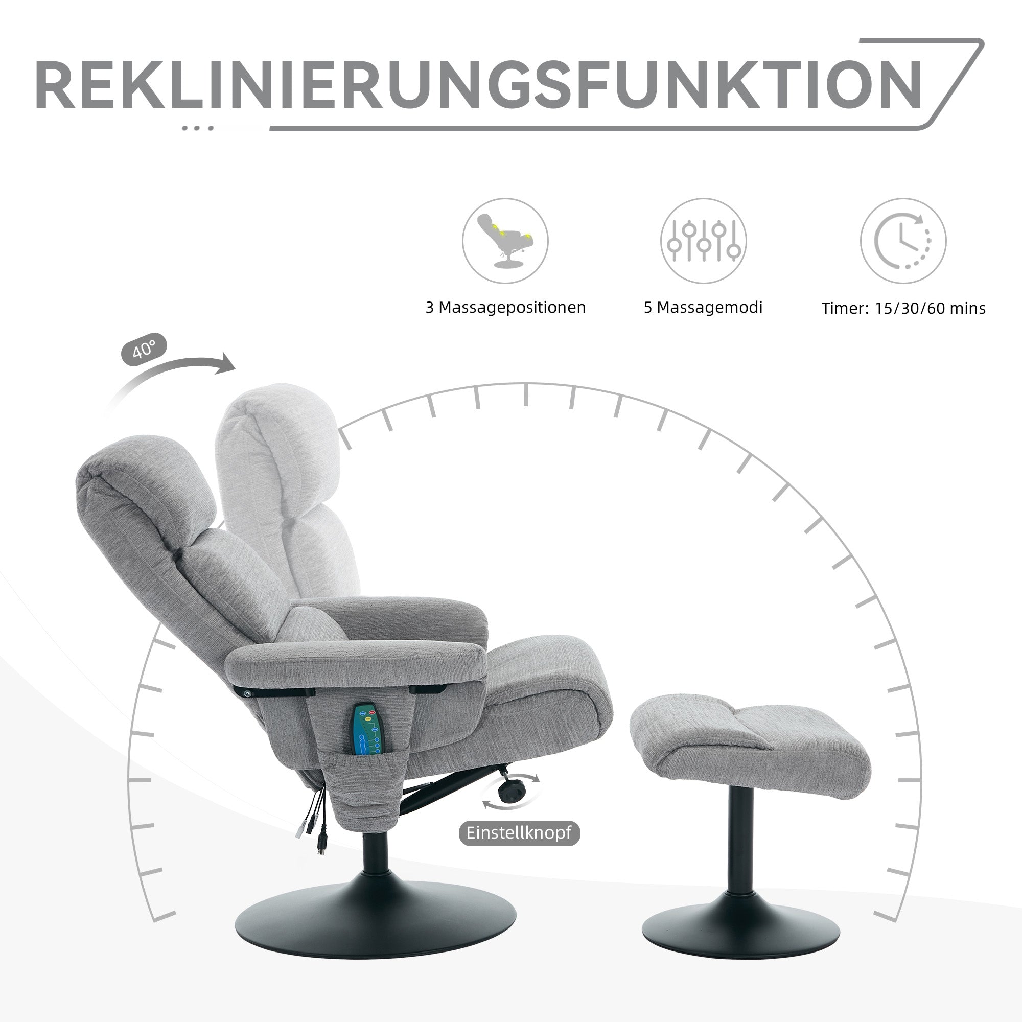 023 Recliner Chair, 5-Point Massage, Heated, 360° Swivel, Chenille Fabric Grey