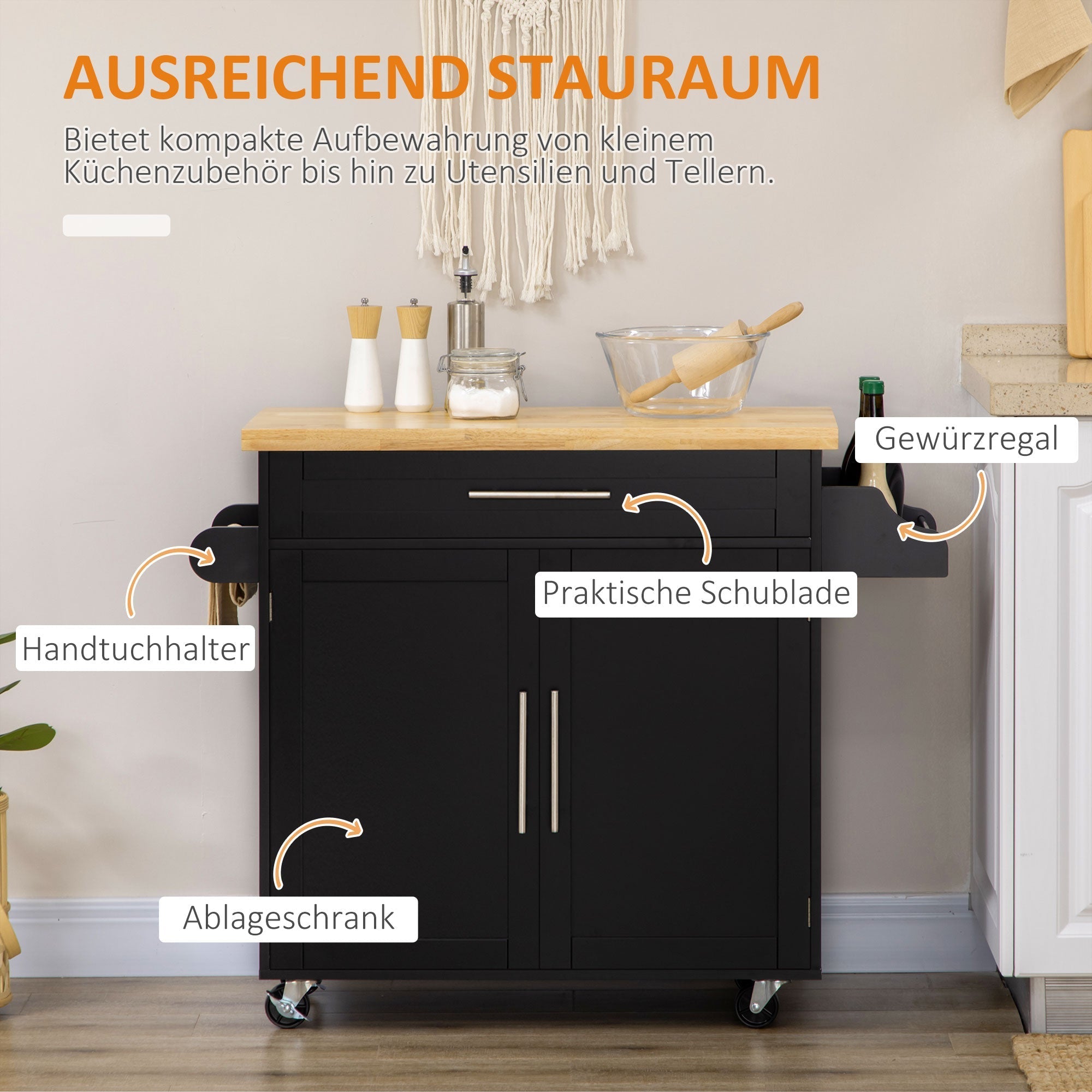 Kitchen Cart Serving Trolley with Worktop, Spice Rack, Towel Holder, Wood