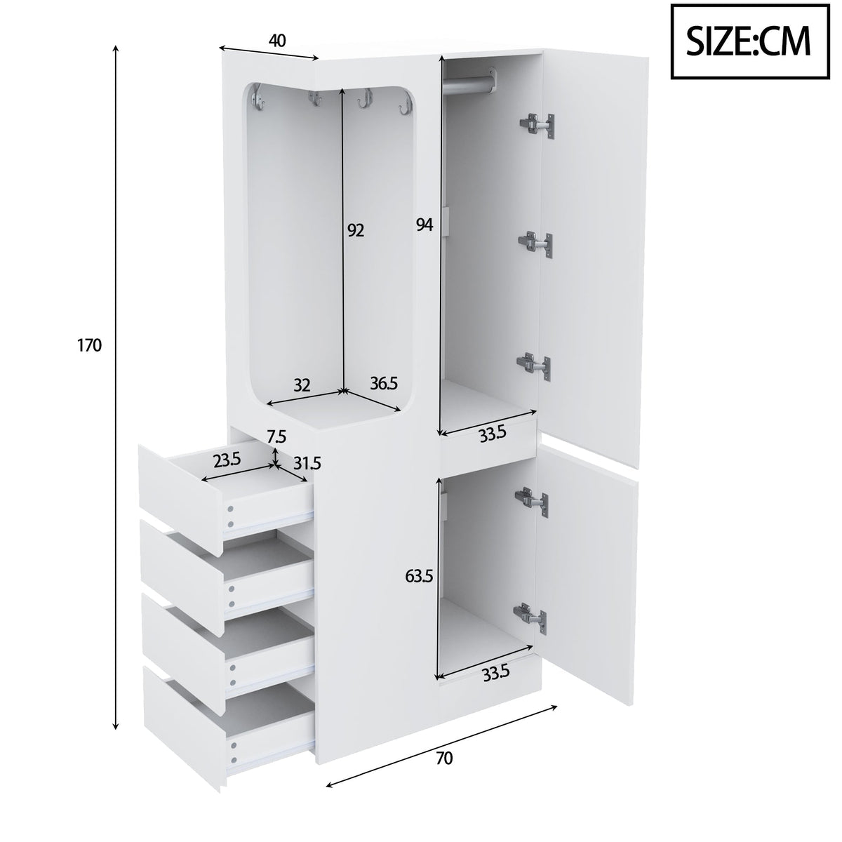 Wardrobe 70x40x170cm Drawers Storage Open Area Single Door, White