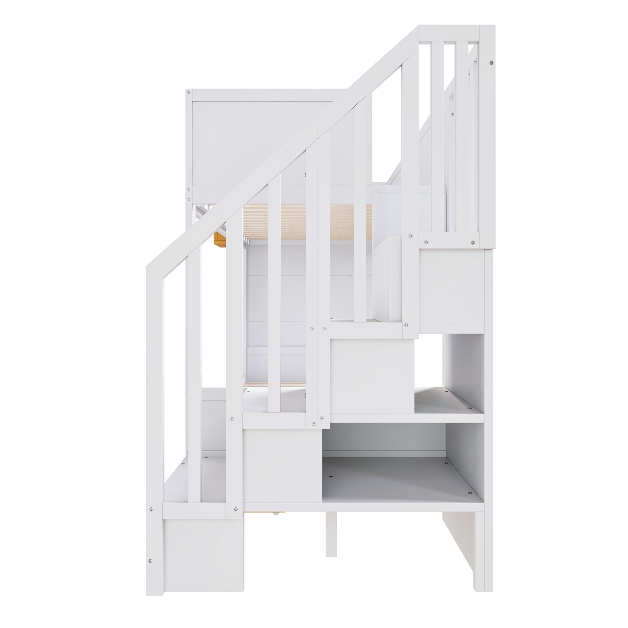 Bunk Bed with Storage Drawers, Safety Stairs, Desk and Star Motif, 90x200cm Solid Pine Wood, White