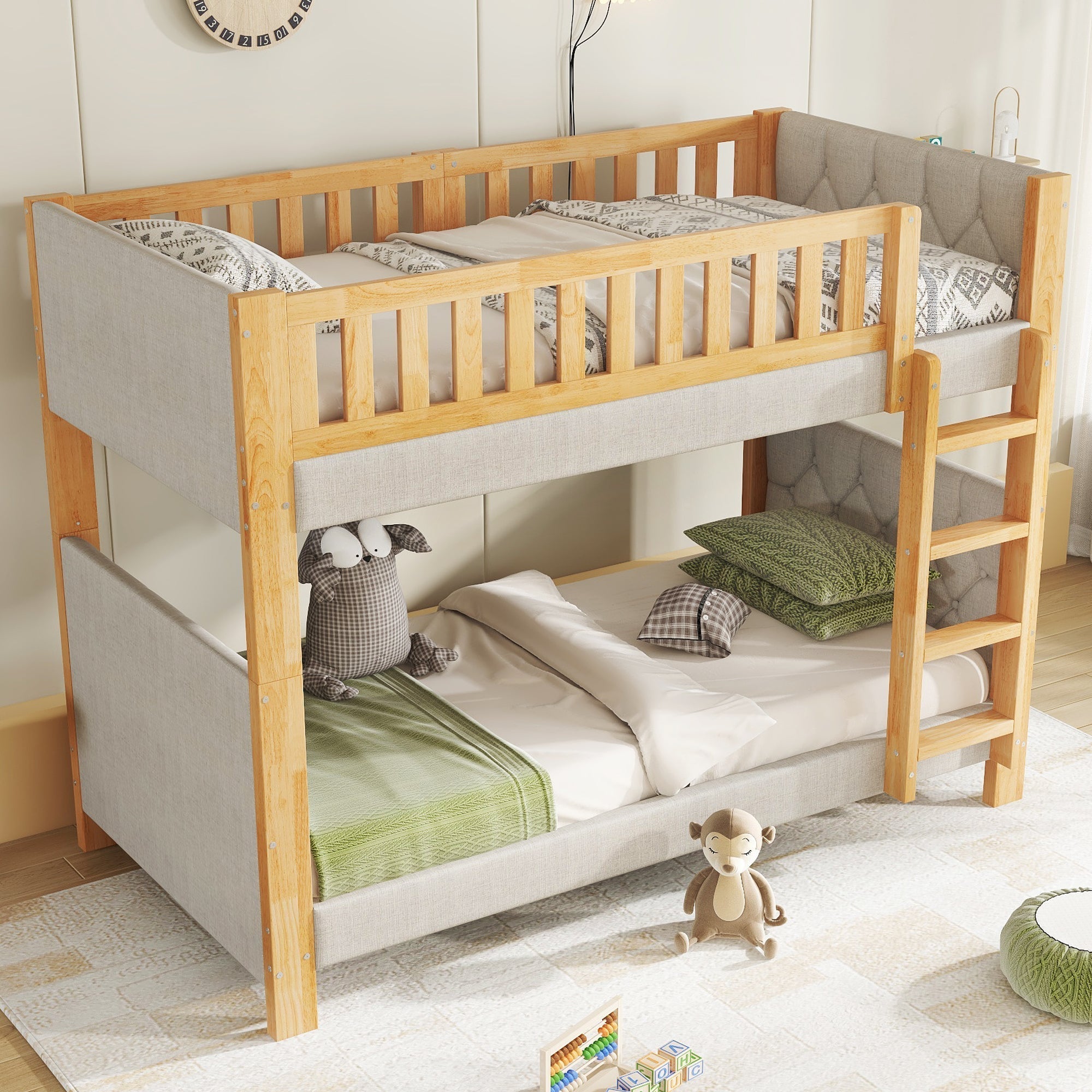 Bunk Bed with Anti-Collision Sponge Edge and Straight Staircase, 90x200cm, Grey and Natural Rubberwood + MDF