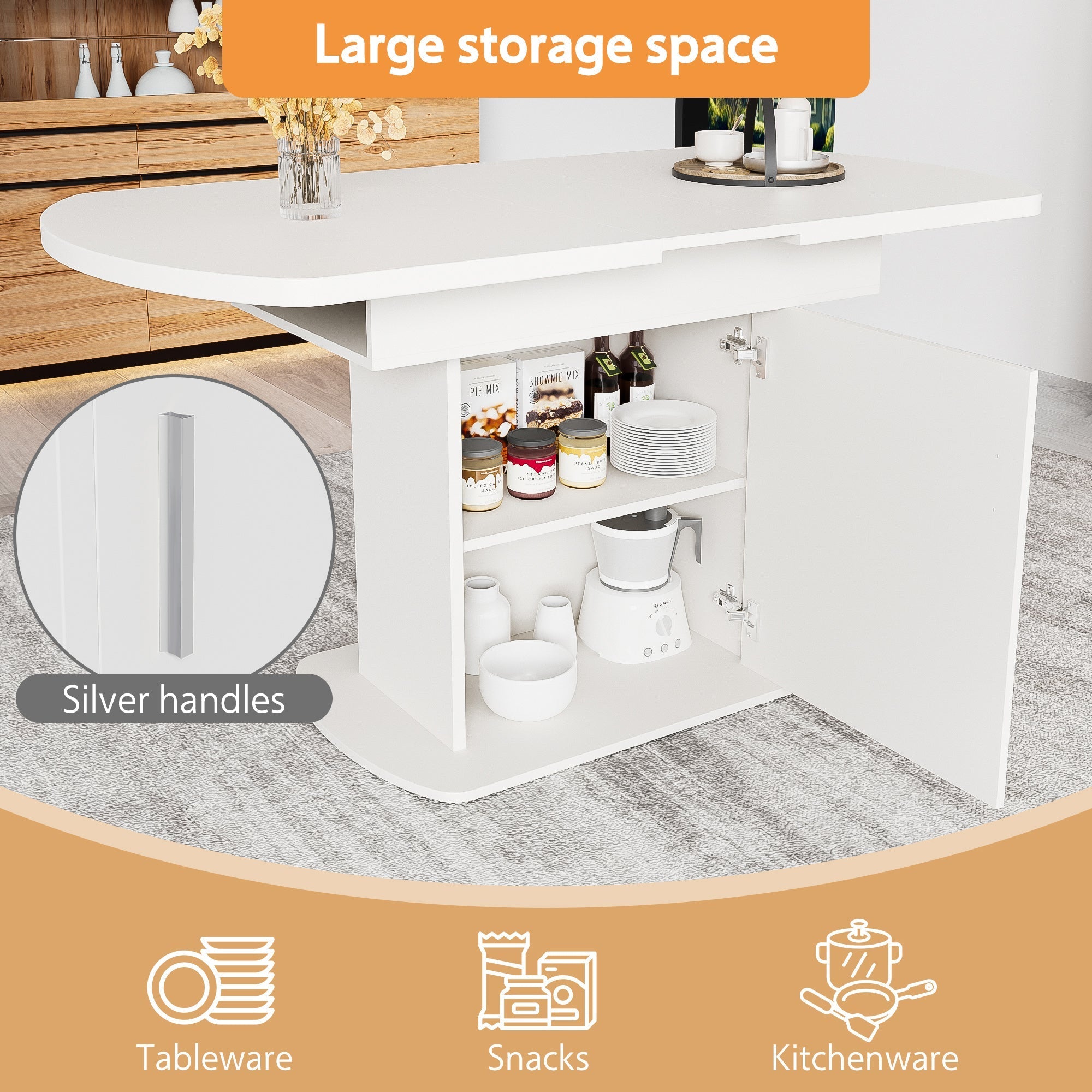 Extendable Oval Dining Table, 110/130cm x 70cm, Storage Function, White/Silver MDF