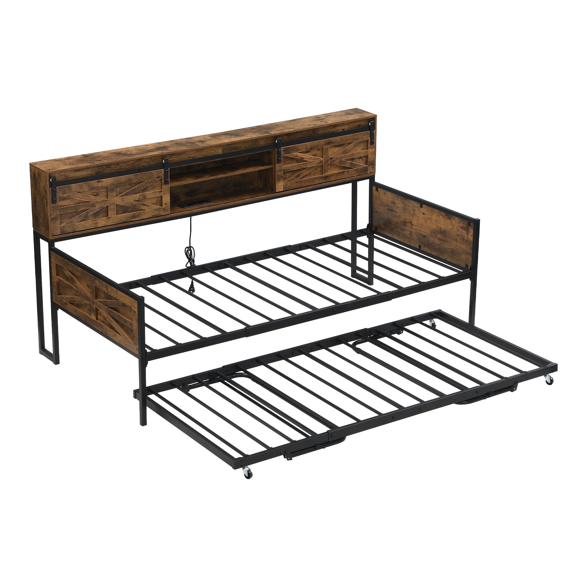 Sofa Bed, Pull-out with Storage & Sockets, Iron Black + Brown
